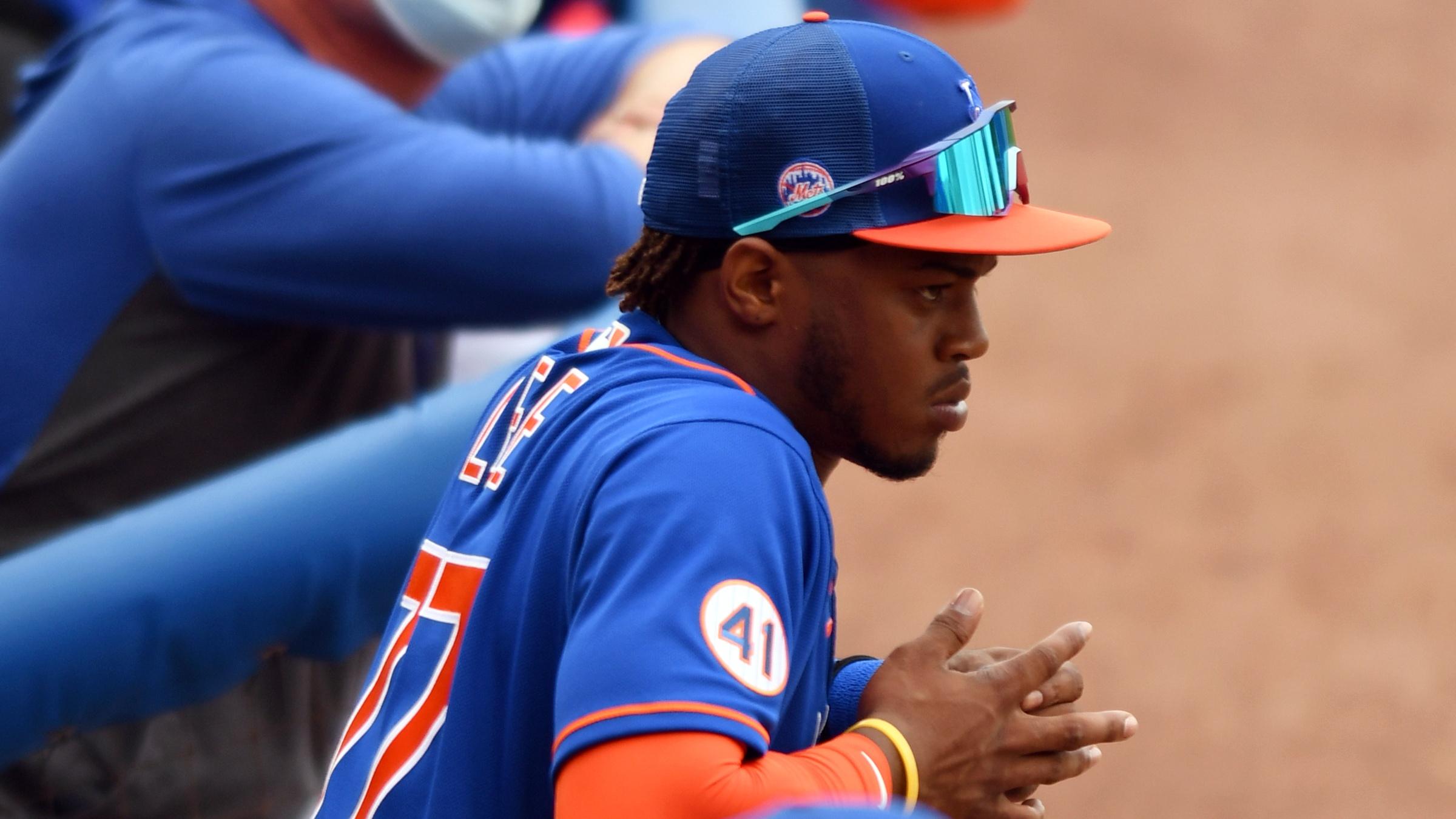 Mar 4, 2021; Port St. Lucie, Florida, USA; New York Mets center fielder Khalil Lee (77) watches game action against the Washington Nationals during a spring training game at Clover Park.