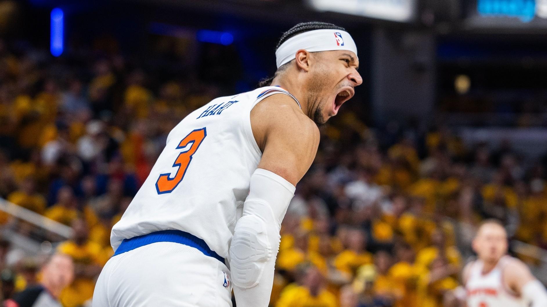  New York Knicks guard Josh Hart (3) reacts to a made basket during game three of the second round for the 2024 NBA playoffs against the Indiana Pacers at Gainbridge Fieldhouse.