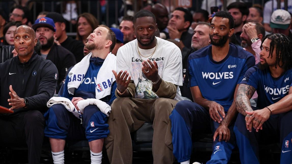 Minnesota Timberwolves forward Julius Randle (30) talks with teammates during the first half against the New York Knicks at Madison Square Garden.