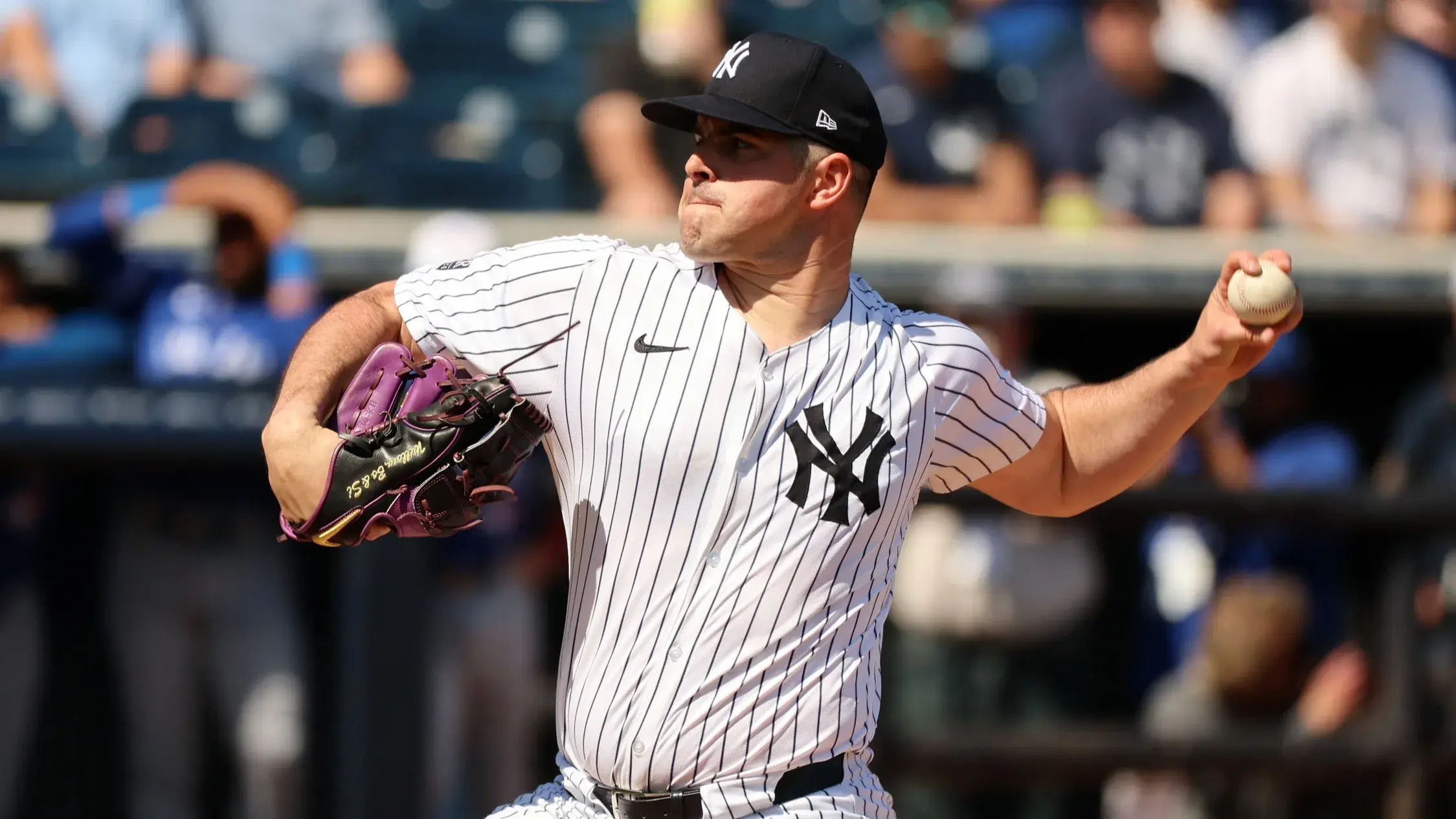 Feb 25, 2024; Tampa, Florida, USA; New York Yankees starting pitcher Carlos Rodon (55) throws a pitch during the first inning against the Toronto Blue Jays at George M. Steinbrenner Field. / Kim Klement Neitzel-USA TODAY Sports