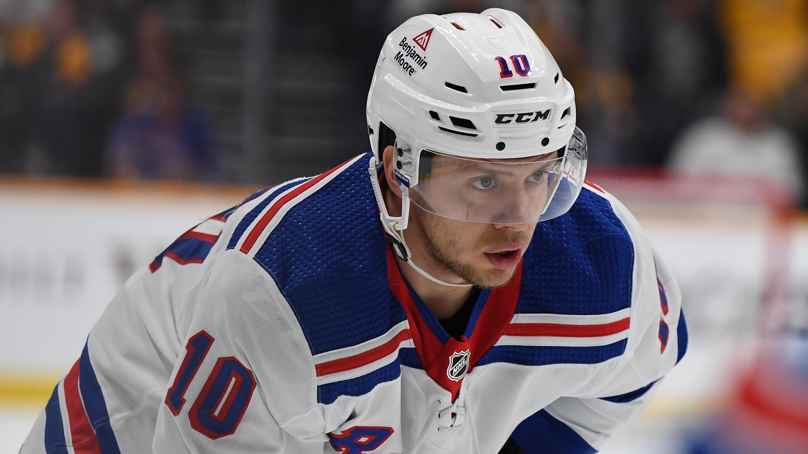 New York Rangers left wing Artemi Panarin (10) waits for a face off against the Nashville Predators during the second period at Bridgestone Arena