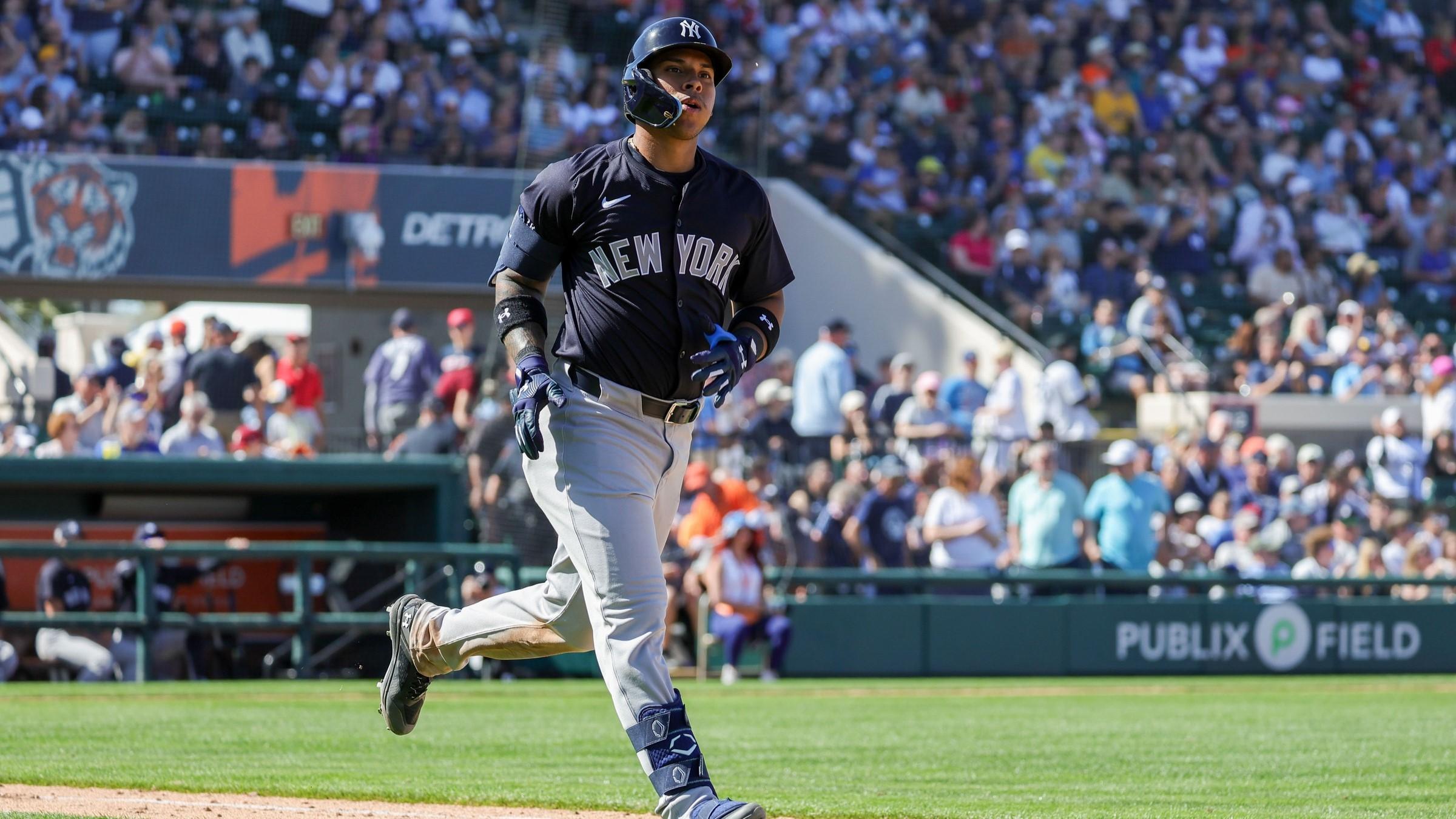 Feb 24, 2024; Lakeland, Florida, USA; New York Yankees second baseman Jorbit Vivas (90) runs to first after hitting a home run during the fourth inning against the Detroit Tigers at Publix Field at Joker Marchant Stadium.