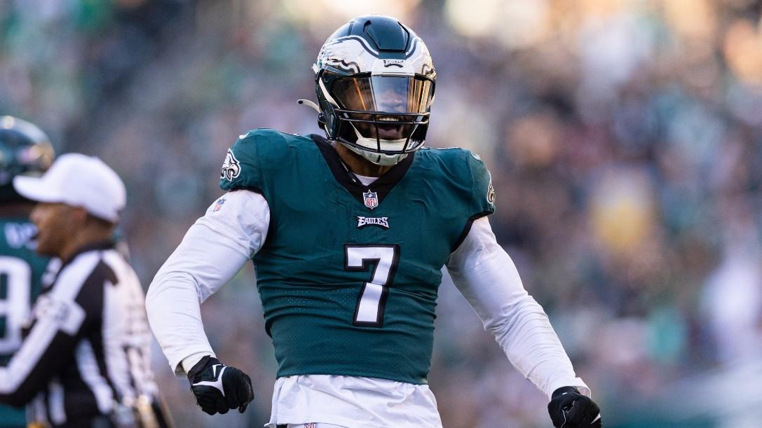 Then-Philadelphia Eagles linebacker Haason Reddick (7) reacts after a defensive stop against the New Orleans Saints during the fourth quarter at Lincoln Financial Field.