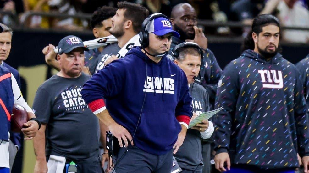 Oct 3, 2021; New Orleans, Louisiana, USA; New York Giants head coach Joe Judge looks on against the New Orleans Saints during the second half at Caesars Superdome. / Stephen Lew-USA TODAY Sports