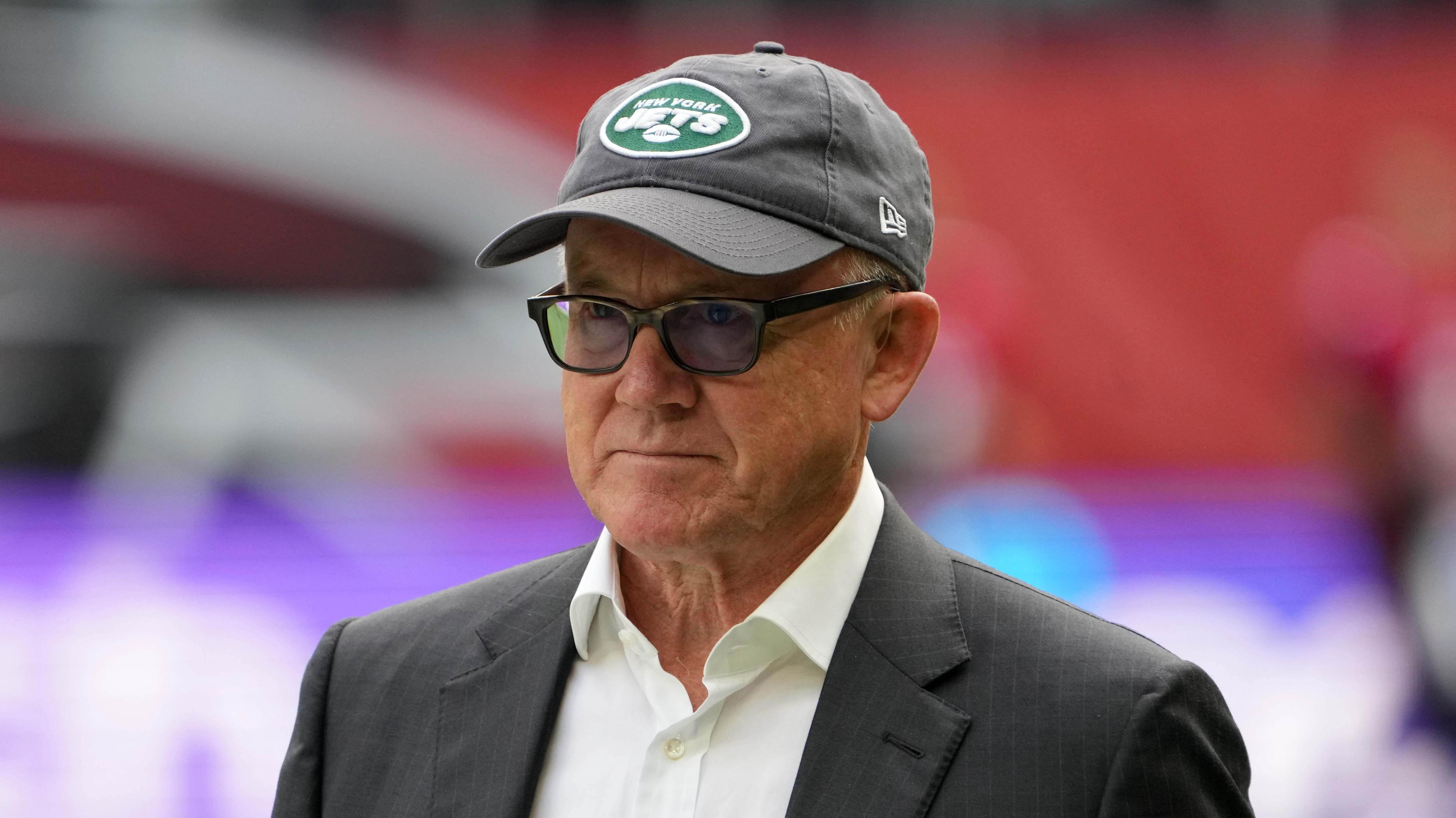 Oct 10, 2021; London, England, United Kingdom; New York Jets owner Woody Johnson reacts during an NFL International Series game against the Atlanta Falcons at Tottenham Hotspur Stadium. The Falcons defeated the Jets 27-20. Mandatory Credit: Kirby Lee-USA TODAY Sports