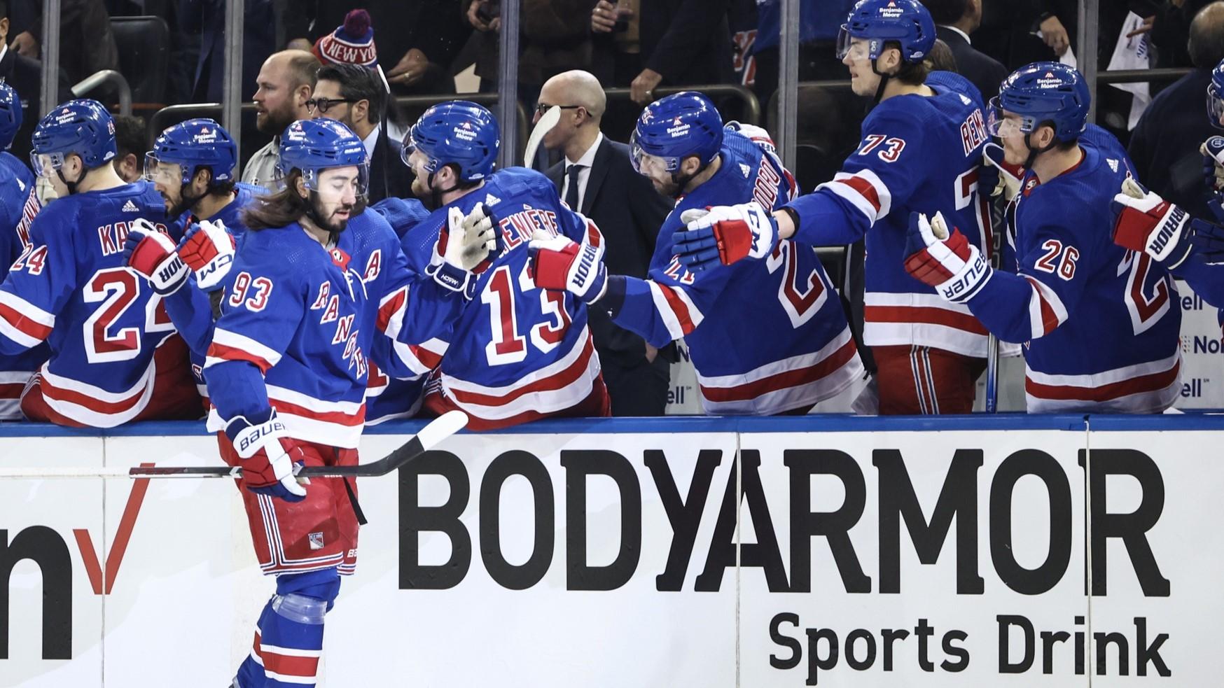 May 5, 2024; New York, New York, USA; New York Rangers center Mika Zibanejad (93) celebrates with his teammates after scoring a goal in the first period Carolina Hurricanes in game one of the second round of the 2024 Stanley Cup Playoffs at Madison Square Garden. 