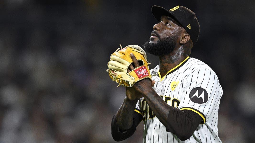 Jun 11, 2024; San Diego, California, USA; San Diego Padres relief pitcher Enyel De Los Santos (62) walks to the dugout after a pitching change during the eighth inning against the Oakland Athletics at Petco Park. / Orlando Ramirez-USA TODAY Sports