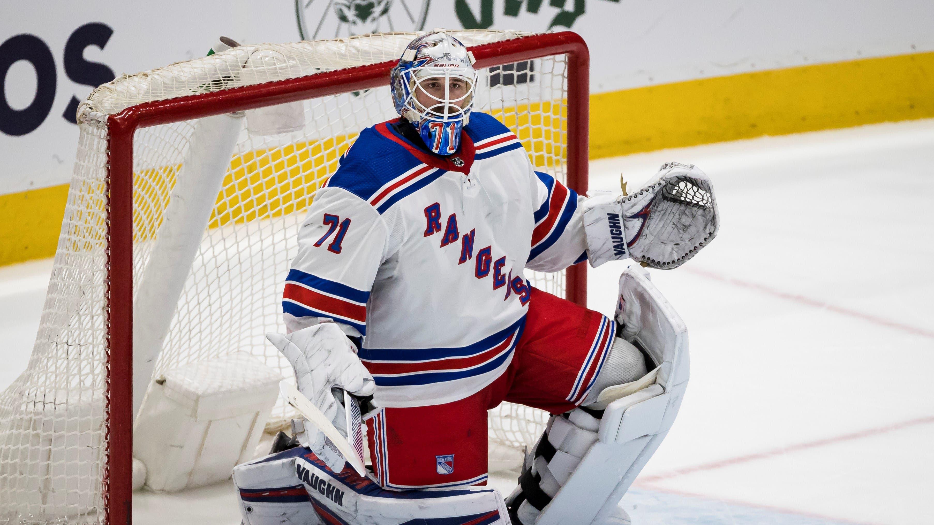 New York Rangers goaltender Keith Kinkaid (71) reacts to a play against the Washington Capitals during the third period at Capital One Arena. / Scott Taetsch - USA TODAY Sports