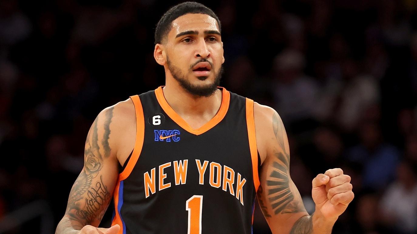 Jan 31, 2023; New York, New York, USA; New York Knicks forward Obi Toppin (1) reacts during the second quarter against the Los Angeles Lakers at Madison Square Garden.