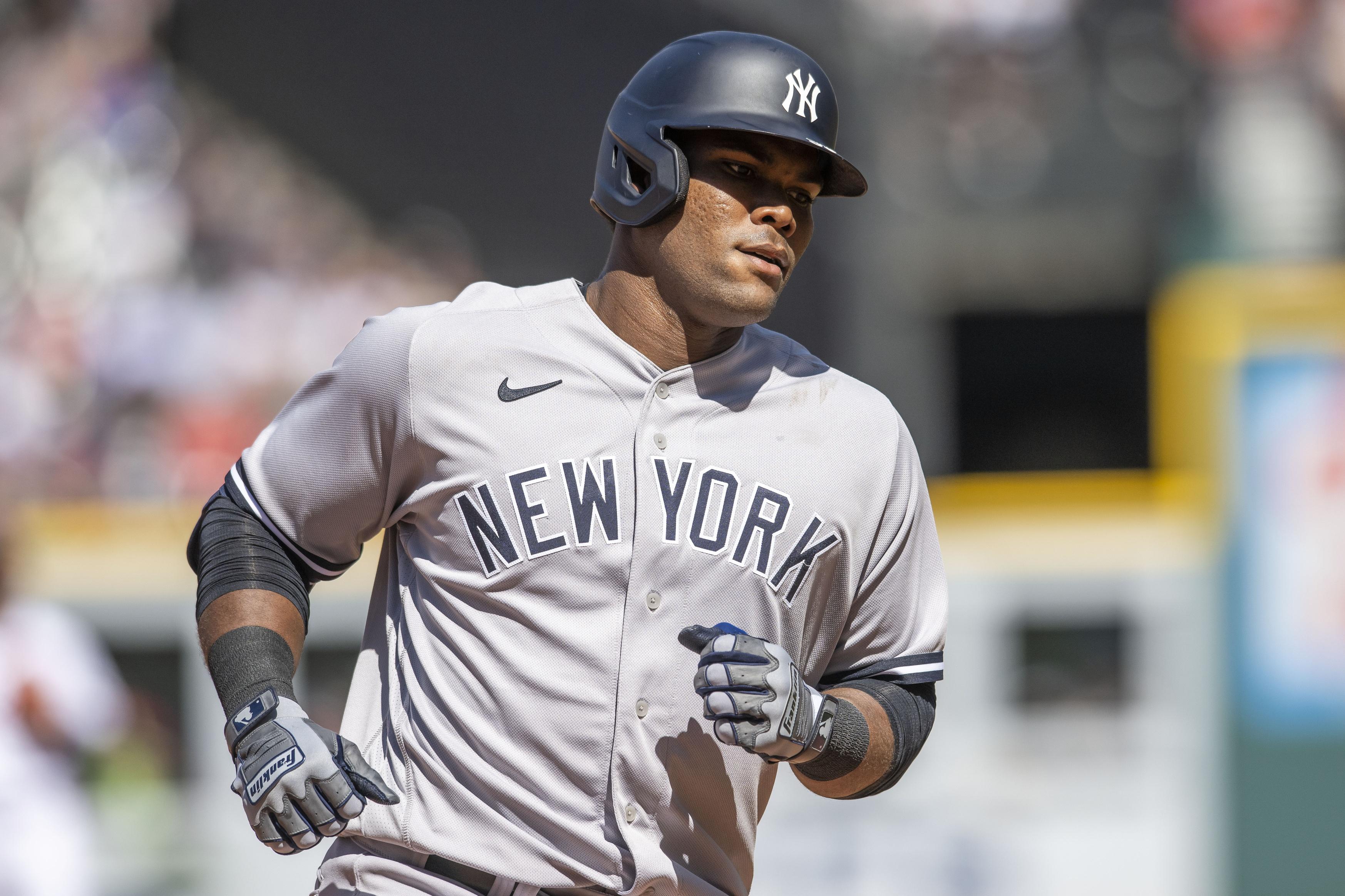 New York Yankees left fielder Franchy Cordero (33) rounds the bases after hitting a home run during the seventh inning against the Cleveland Guardians at Progressive Field.