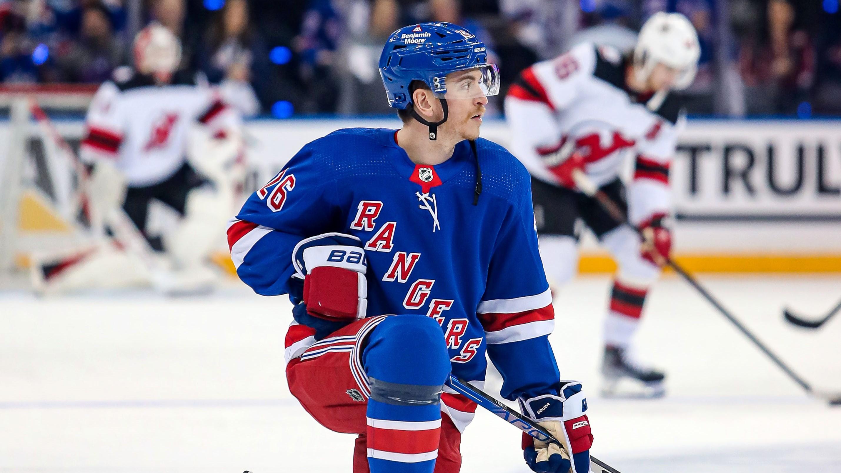 New York Rangers left wing Jimmy Vesey (26) warms up before the first period against the New Jersey Devils in game six of the first round of the 2023 Stanley Cup Playoffs at Madison Square Garden. 