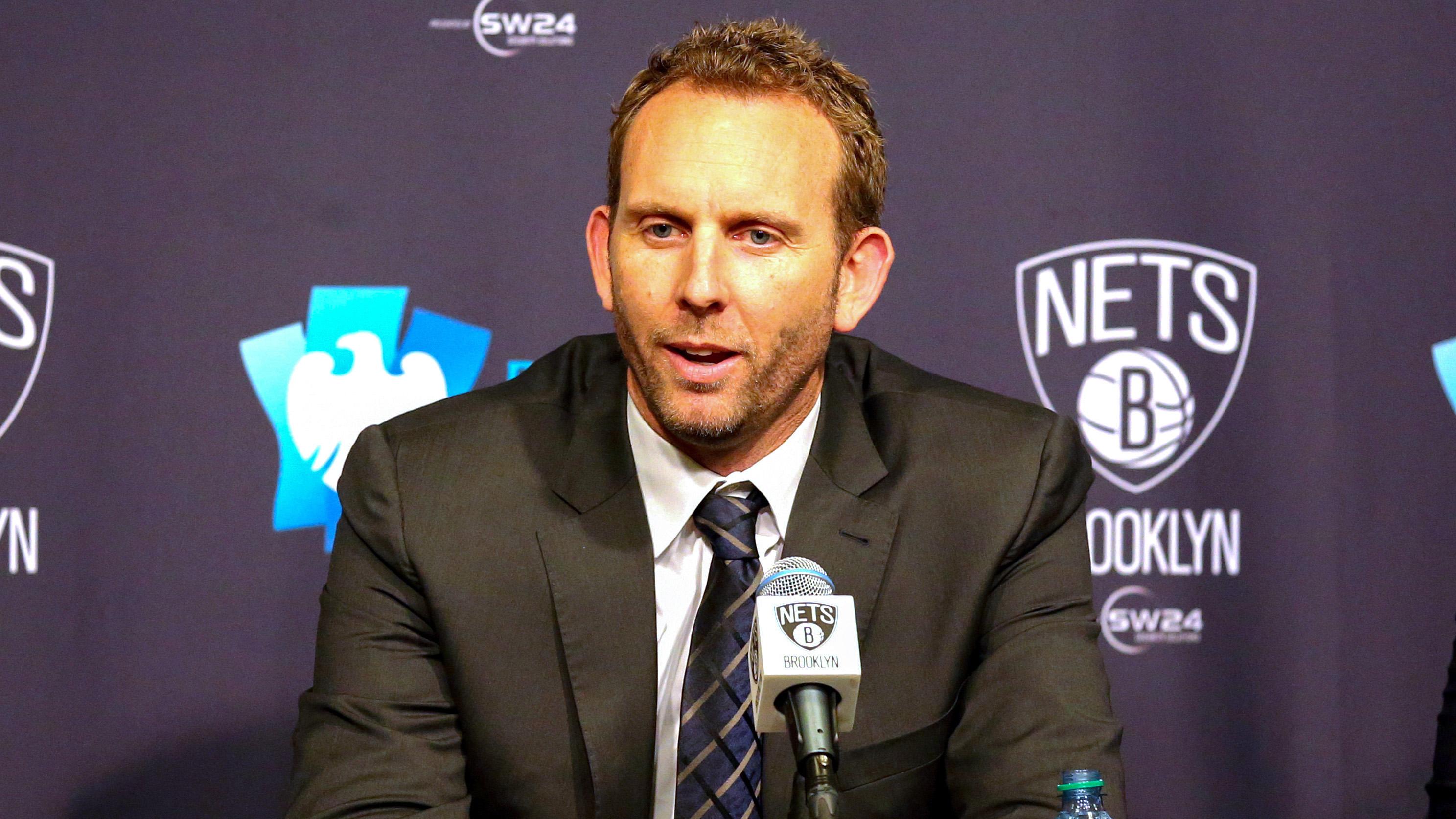 Sean Marks general manager of the Brooklyn Nets talks at a press conference announcing the Long Island Nets D League team before the game against the Cleveland Cavaliers at Barclays Center.