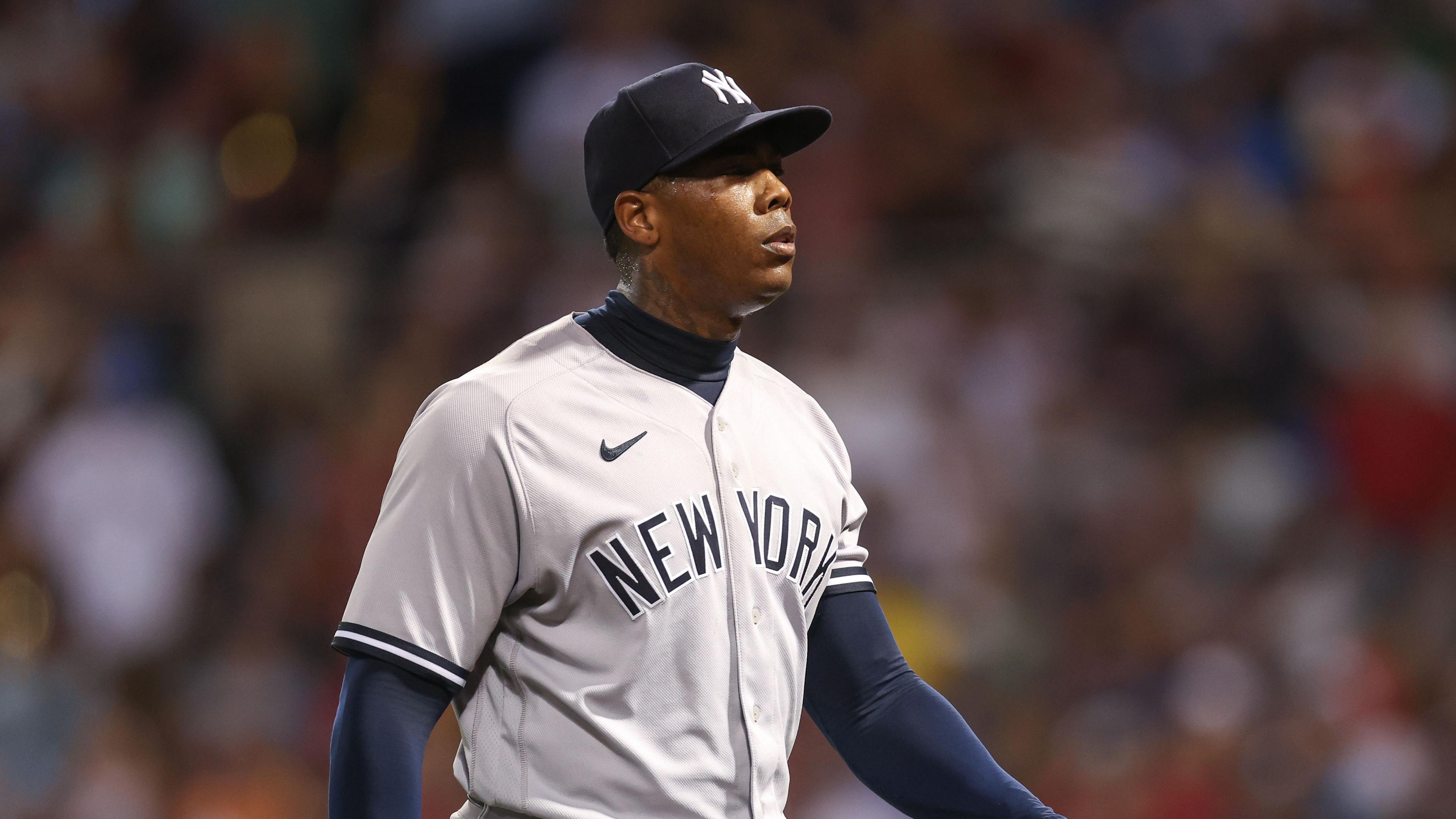 Jul 10, 2022; Boston, Massachusetts, USA; New York Yankees relief pitcher Aroldis Chapman (54) reacts during the sixth inning against the Boston Red Sox at Fenway Park. Mandatory Credit: Paul Rutherford-USA TODAY Sports