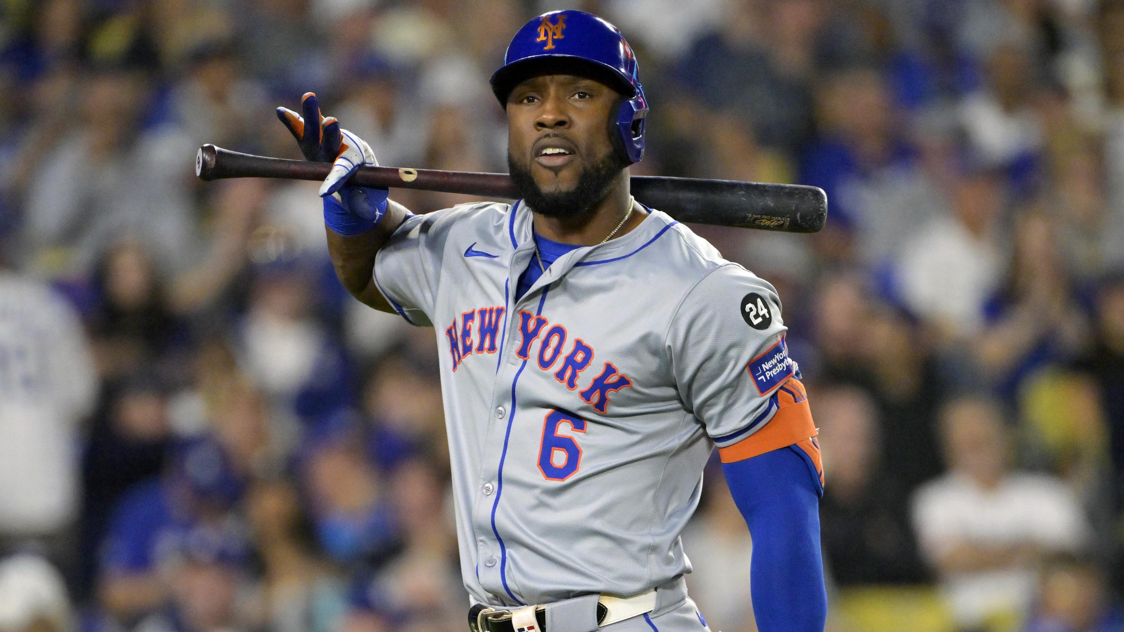 New York Mets outfielder Starling Marte (6) reacts after striking out in the fifth inning against the Los Angeles Dodgers during game six of the NLCS for the 2024 MLB playoffs at Dodger Stadium