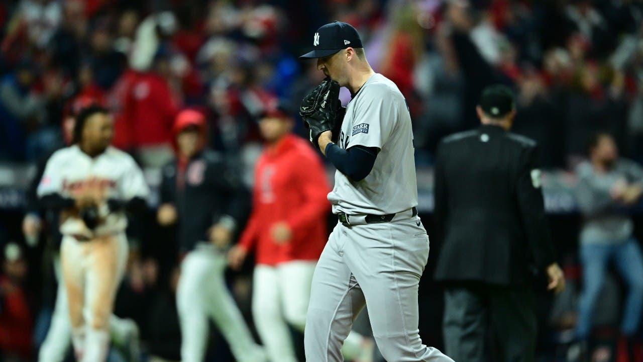 New York Yankees pitcher Clay Holmes (35) reacts after giving up a home run to end the game during the tenth inning against the Cleveland Guardians in game 3 of the American League Championship Series at Progressive Field. / David Dermer-Imagn Images