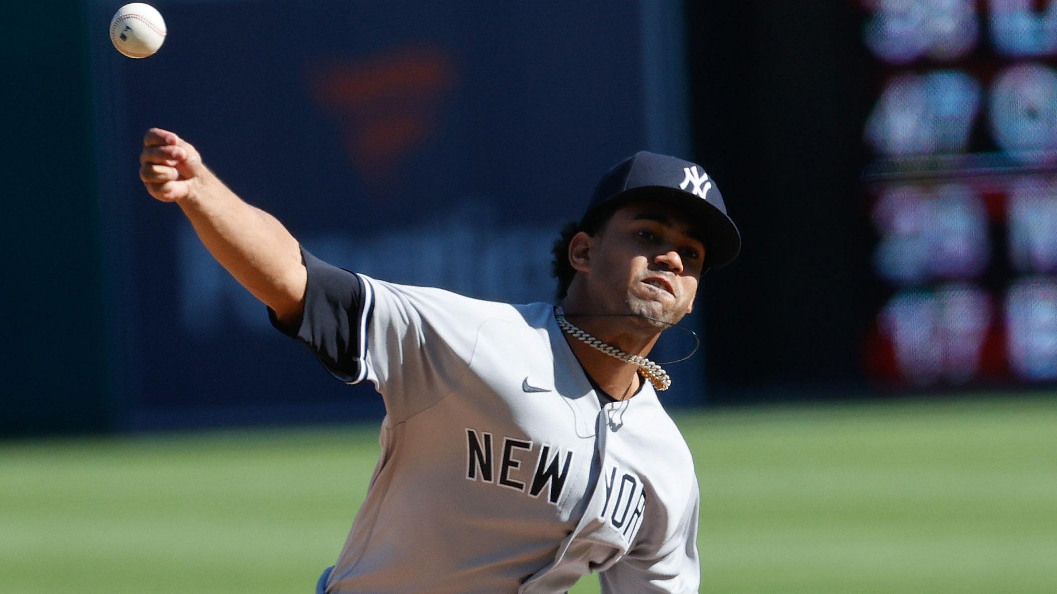 May 29, 2021; Detroit, Michigan, USA; New York Yankees starting pitcher Deivi Garc a (84) throws against the Detroit Tigers in the fourth inning at Comerica Park.