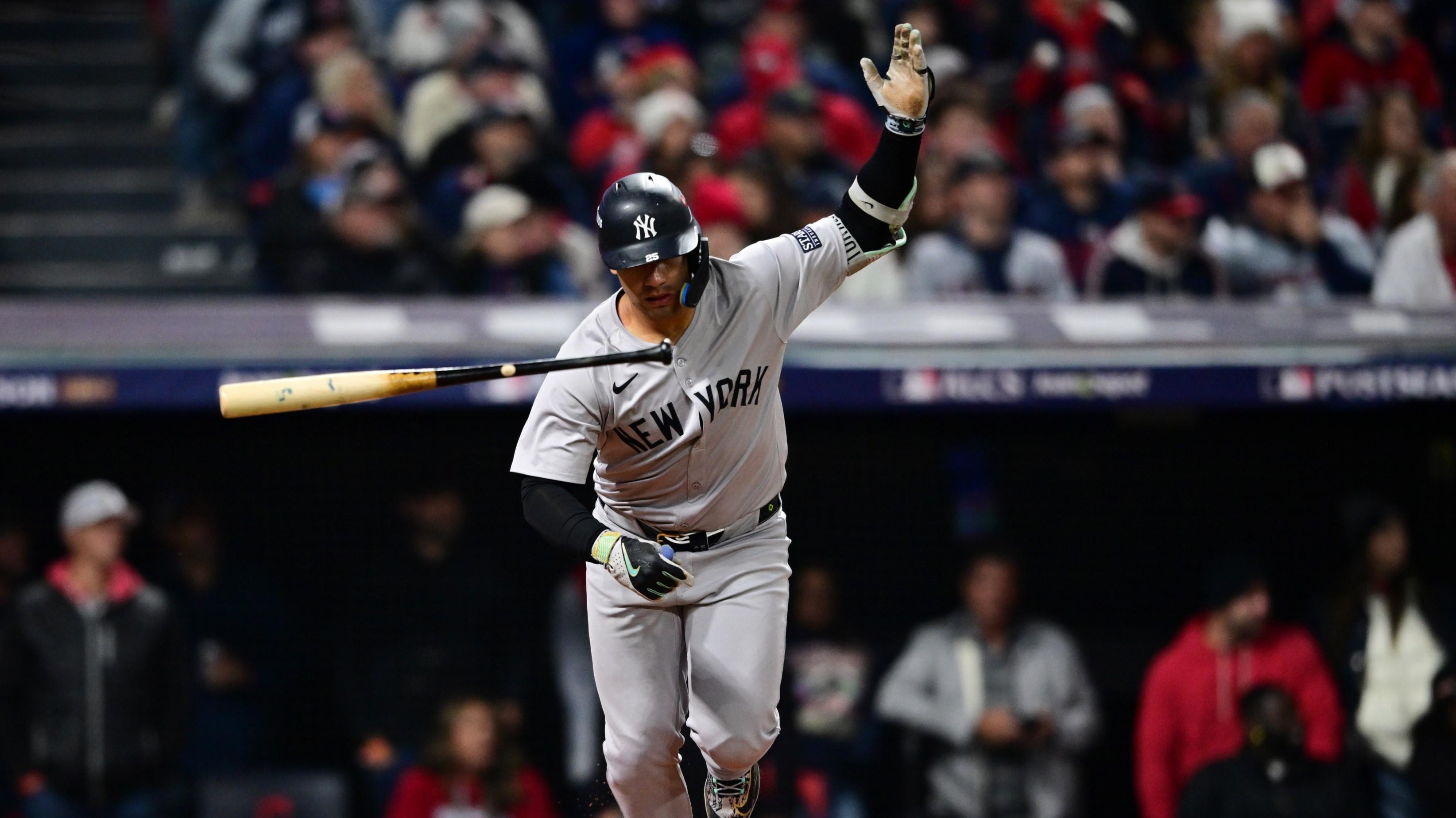 Oct 18, 2024; Cleveland, Ohio, USA; New York Yankees second baseman Gleyber Torres (25) runs after hitting an RBI single in the ninth inning against the Cleveland Guardians during game four of the ALCS for the 2024 MLB playoffs at Progressive Field.