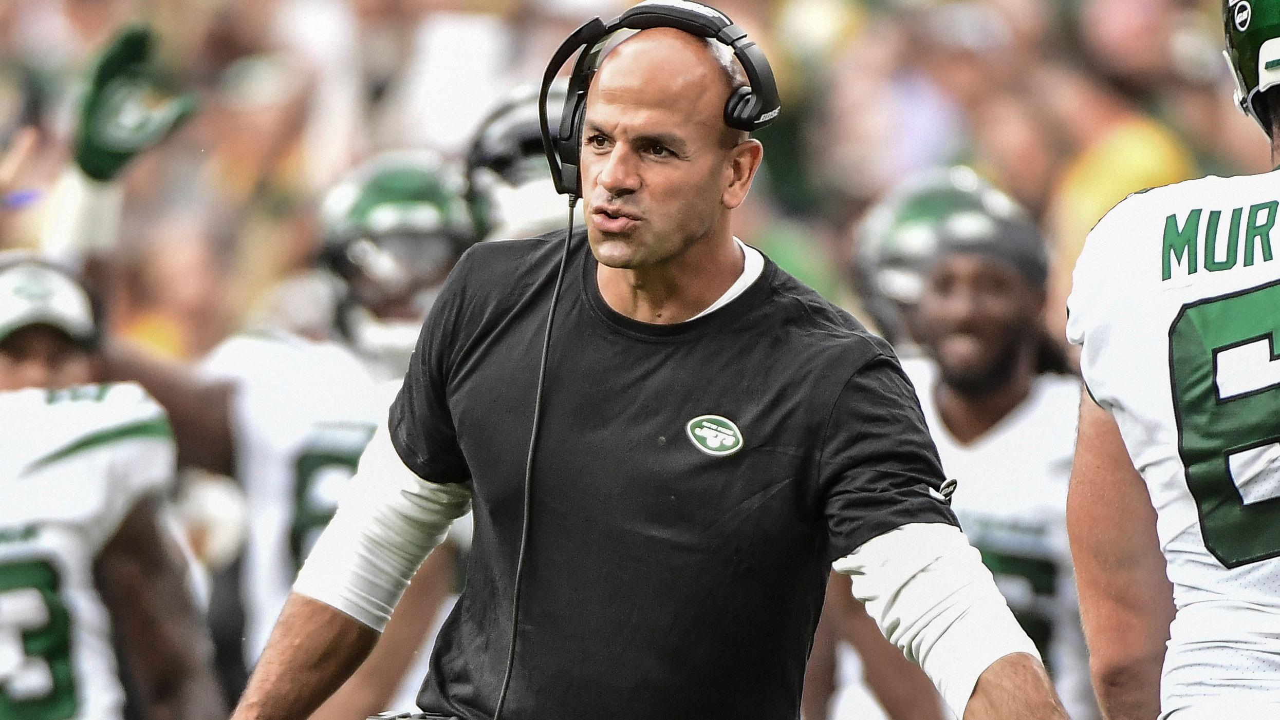 Aug 21, 2021; Green Bay, Wisconsin, USA; New York Jets head coach Robert Saleh reacts on the sidelines during the game against the Green Bay Packers at Lambeau Field.