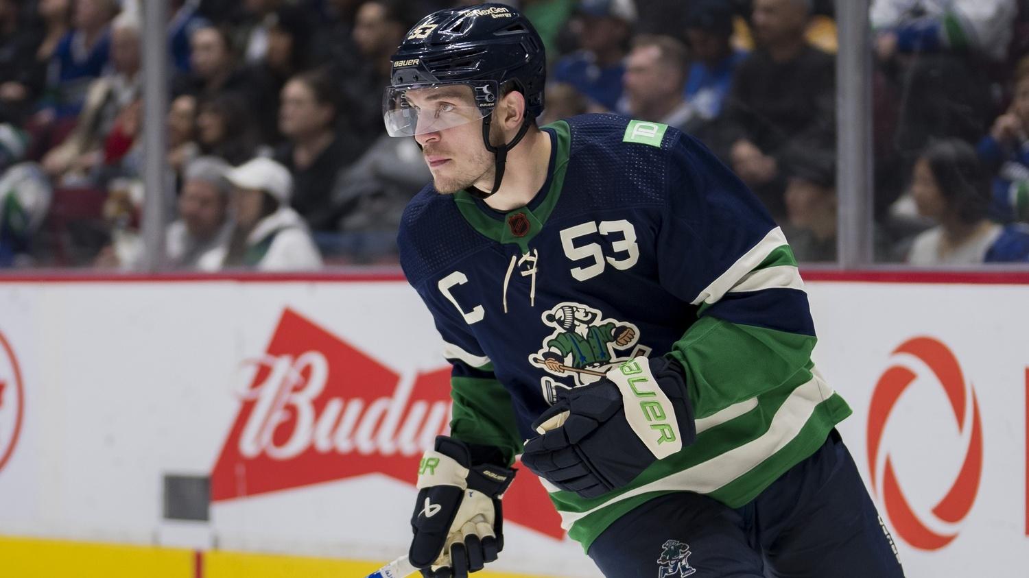 Dec 27, 2022; Vancouver, British Columbia, CAN; Vancouver Canucks forward Bo Horvat (53) skates against the San Jose Sharks in the second period at Rogers Arena.