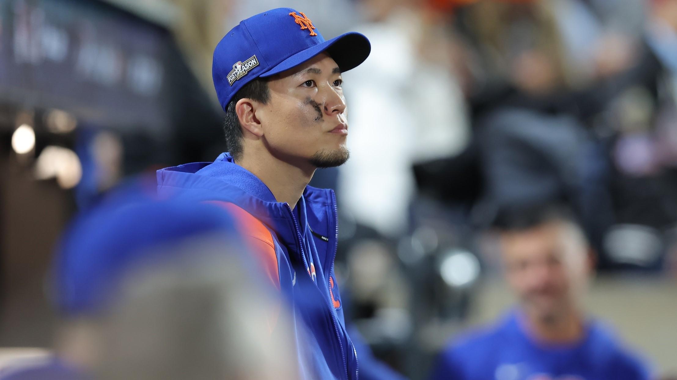 Oct 9, 2024; New York, New York, USA; New York Mets pitcher Kodai Senga (34) looks out from the dugout against the Philadelphia Phillies in the eighth inning in game four of the NLDS for the 2024 MLB Playoffs at Citi Field. 