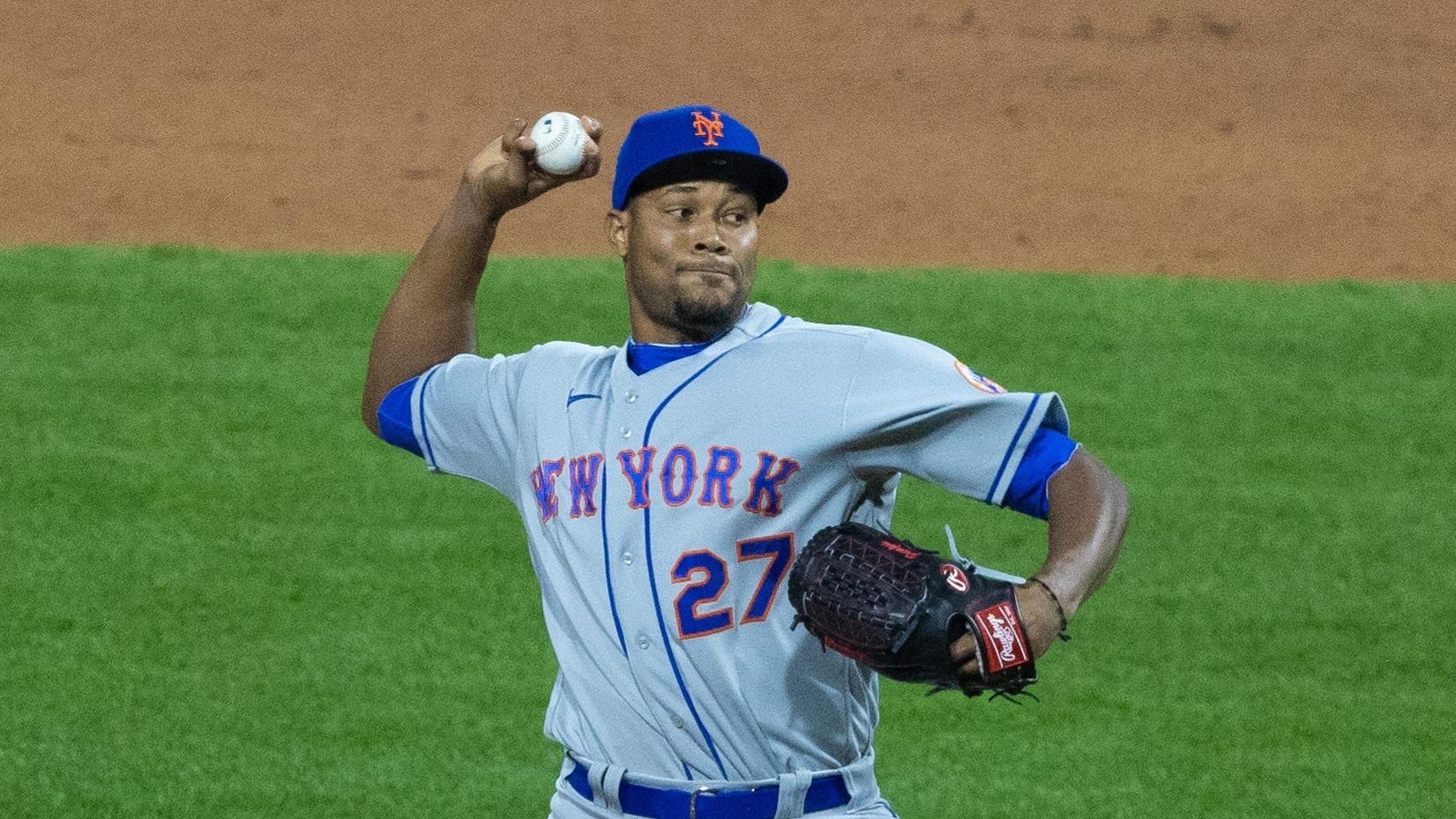 Apr 6, 2021; Philadelphia, Pennsylvania, USA; New York Mets relief pitcher Jeurys Familia (27) pitches during the ninth inning against the Philadelphia Phillies at Citizens Bank Park.