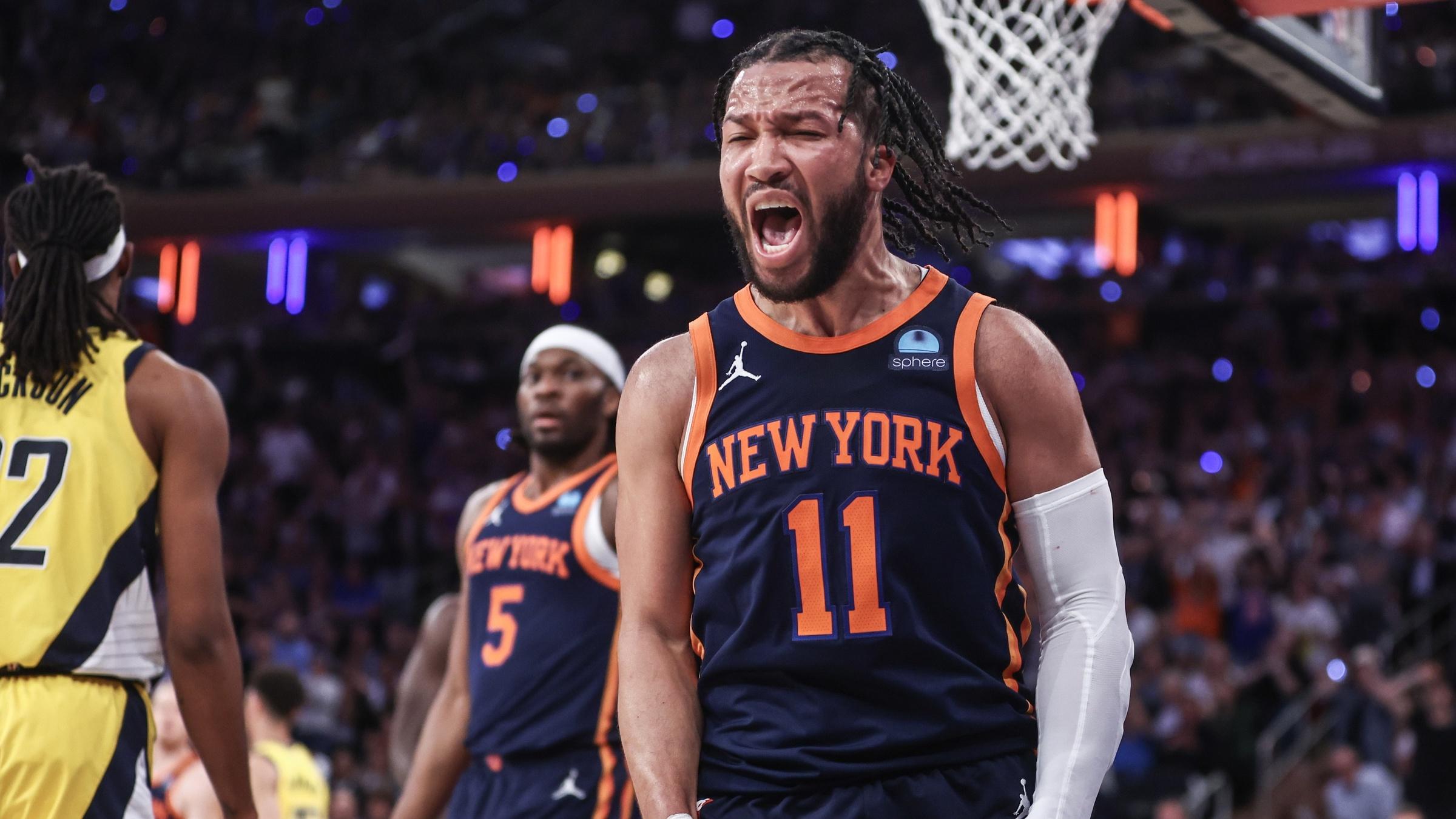 New York Knicks guard Jalen Brunson (11) celebrates in the third quarter after scoring against the Indiana Pacers during game two of the second round for the 2024 NBA playoffs at Madison Square Garden.