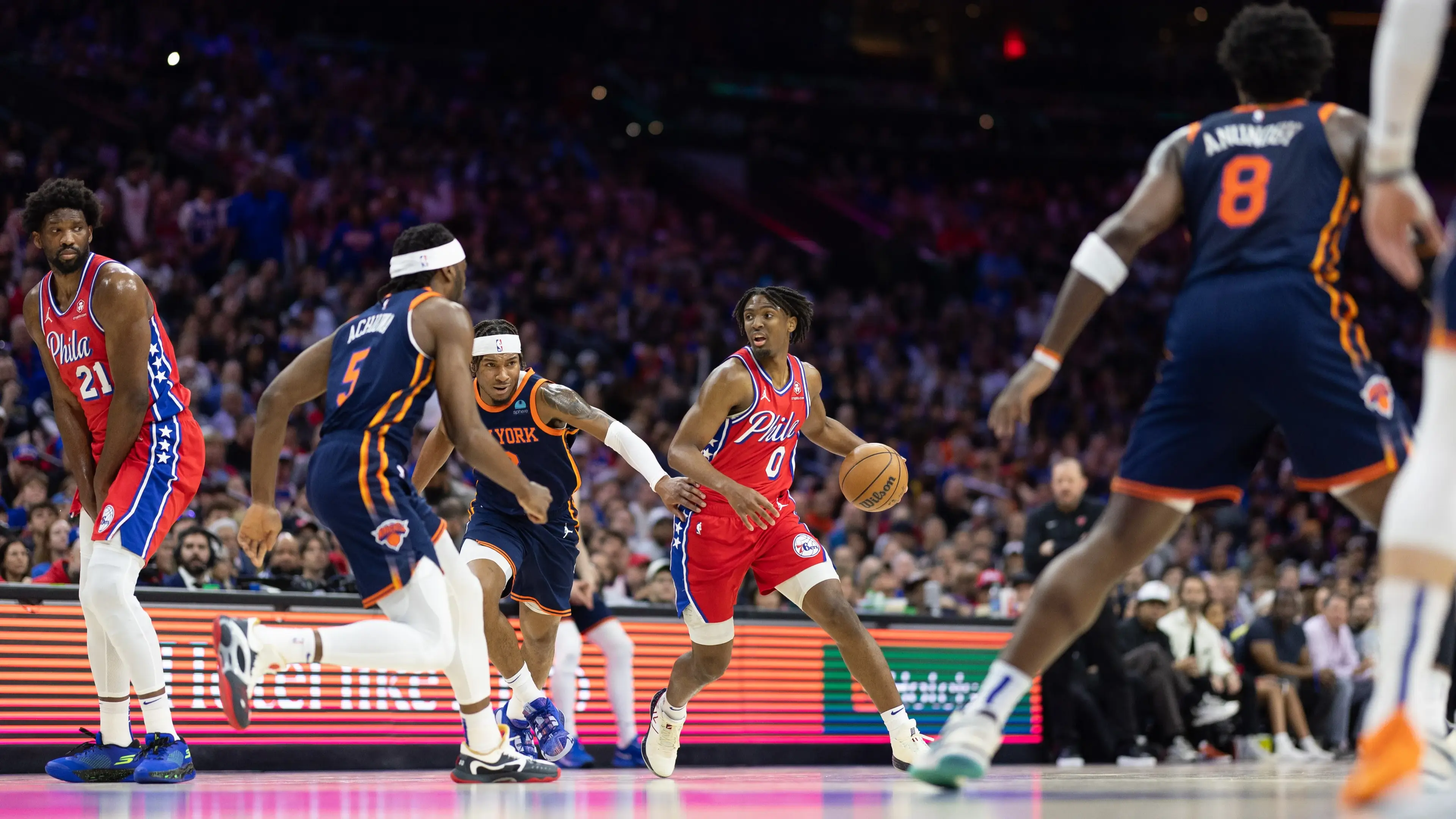 Apr 28, 2024; Philadelphia, Pennsylvania, USA; Philadelphia 76ers guard Tyrese Maxey (0) controls the ball against the New York Knicks during the first half of game four of the first round in the 2024 NBA playoffs at Wells Fargo Center. Mandatory Credit: Bill Streicher-USA TODAY Sports / © Bill Streicher-USA TODAY Sports