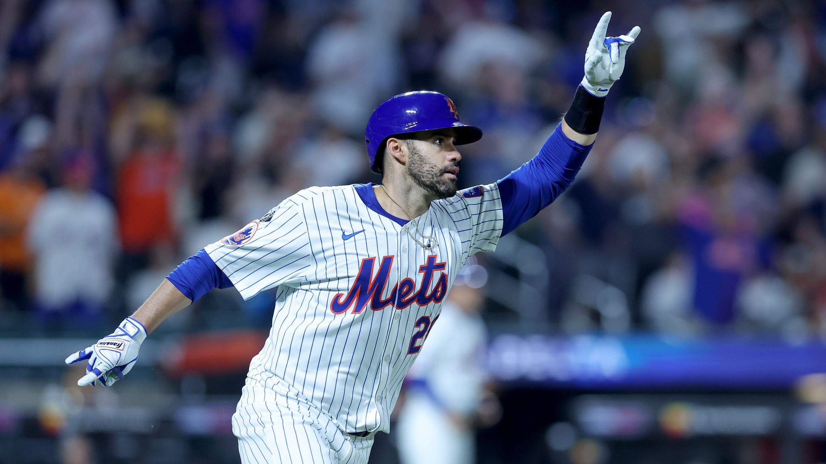 Jun 13, 2024; New York City, New York, USA; New York Mets designated hitter J.D. Martinez (28) reacts after hitting a ninth inning walkoff two run home run against the Miami Marlins at Citi Field. 