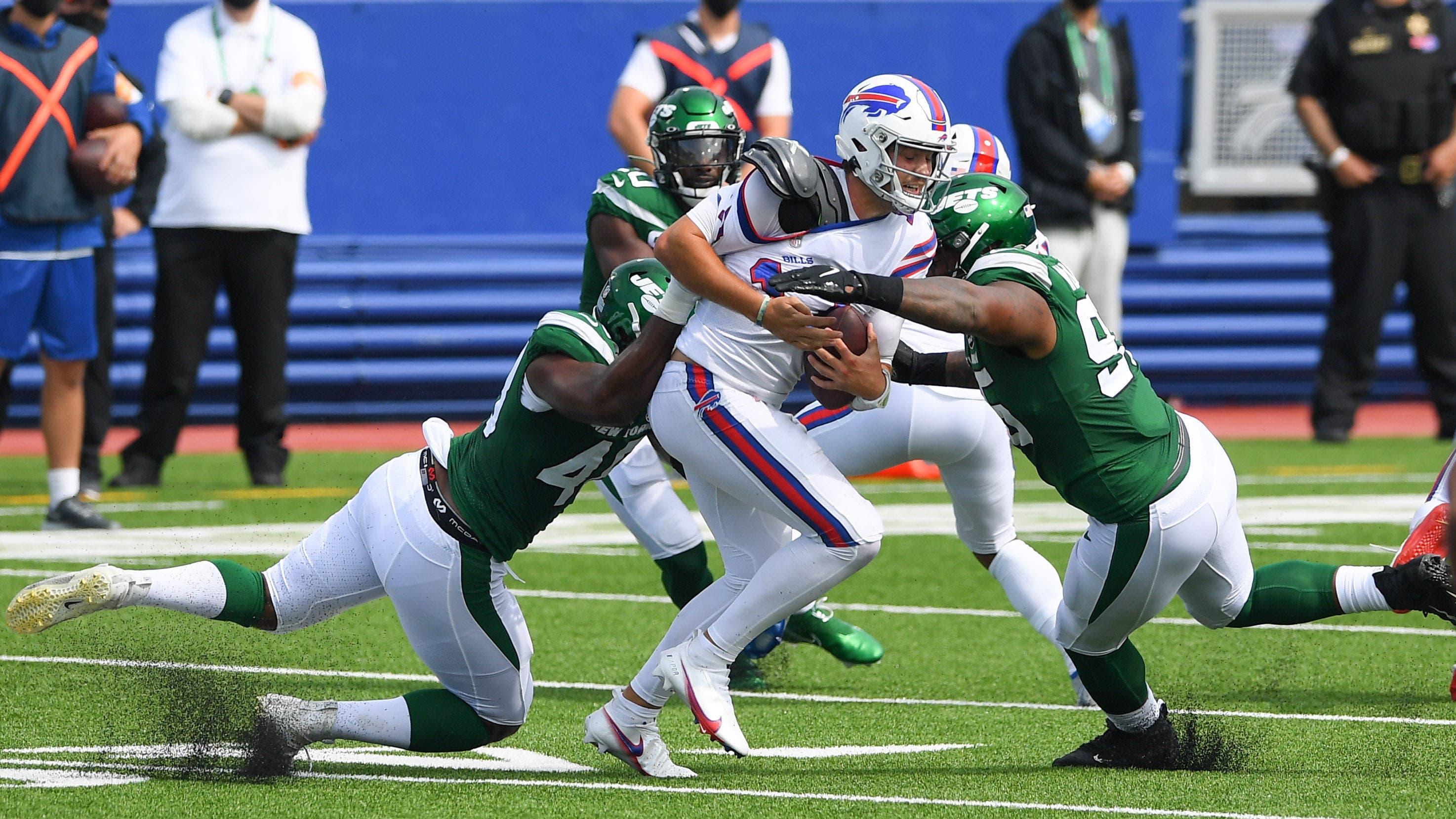 Jordan Jenkins and Quinnen Williams sack Josh Allen / USA TODAY