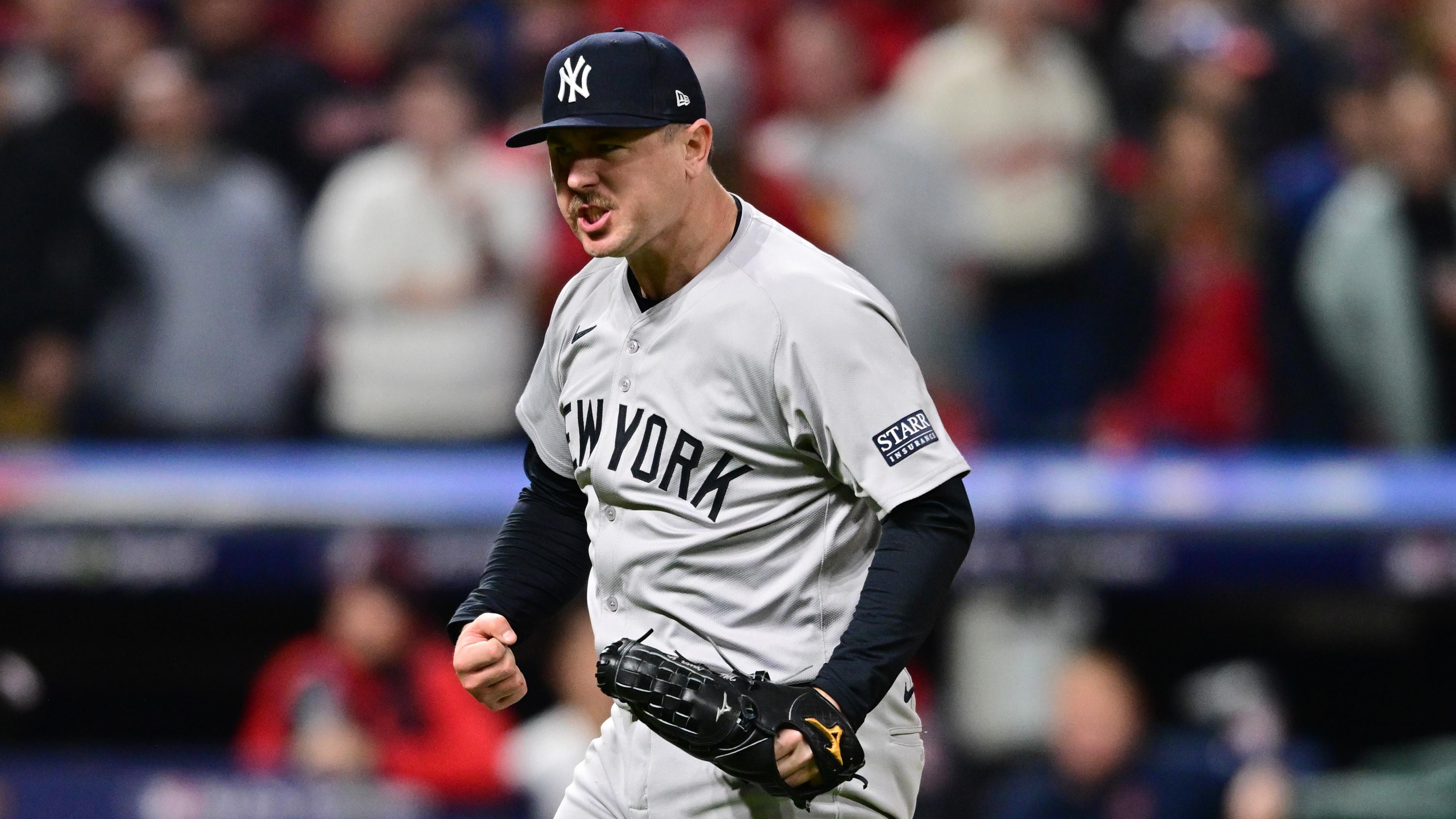 Oct 18, 2024; Cleveland, Ohio, USA; New York Yankees pitcher Mark Leiter Jr. (38) reacts in the seventh inning against the Cleveland Guardians during game four of the ALCS for the 2024 MLB playoffs at Progressive Field. Mandatory Credit: David Dermer-Imagn Images