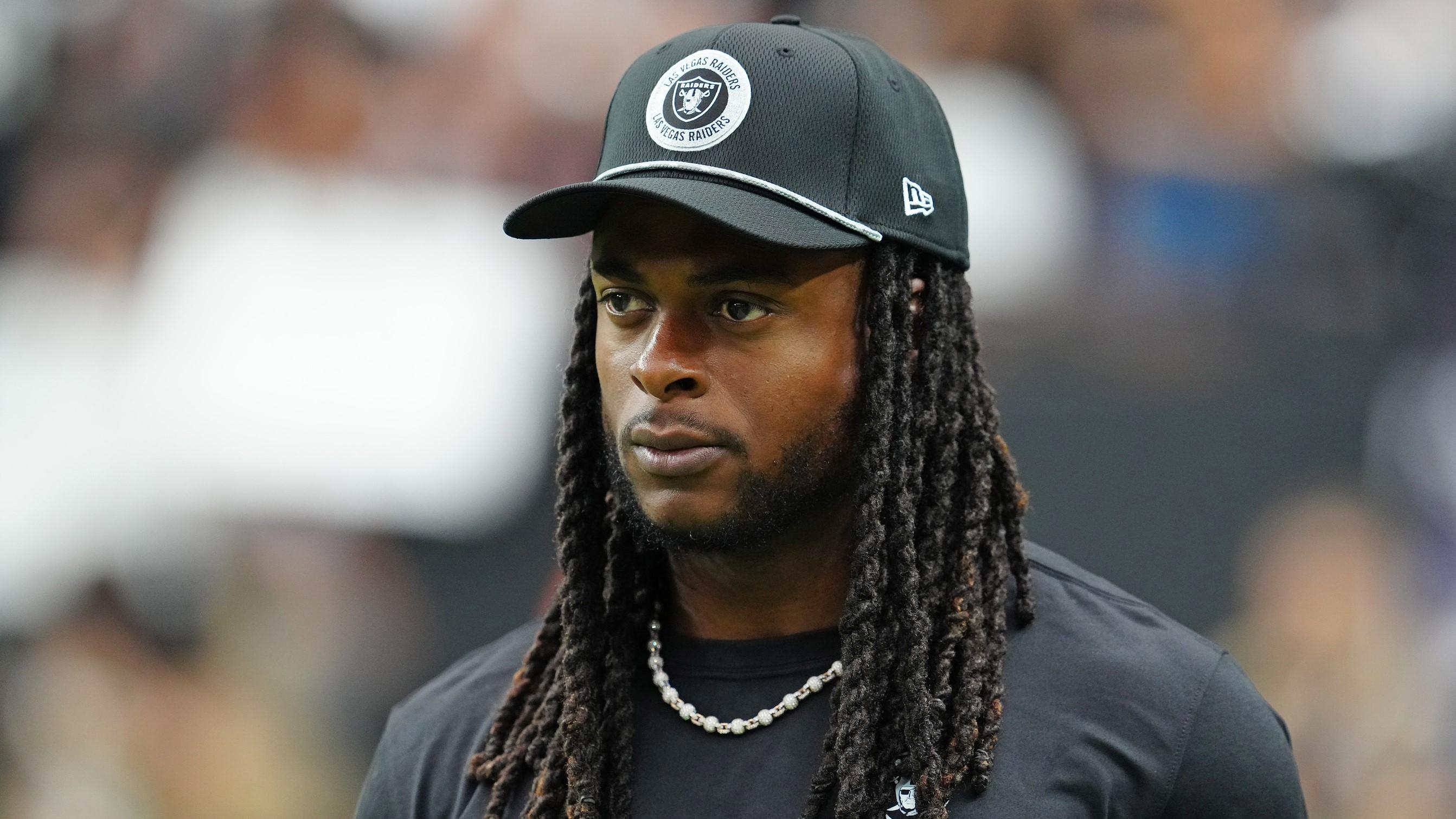 Sep 29, 2024; Paradise, Nevada, USA; Las Vegas Raiders wide receiver Davante Adams (17) walks the sideline before the start of a game between the Raiders and the Cleveland Browns at Allegiant Stadium. 