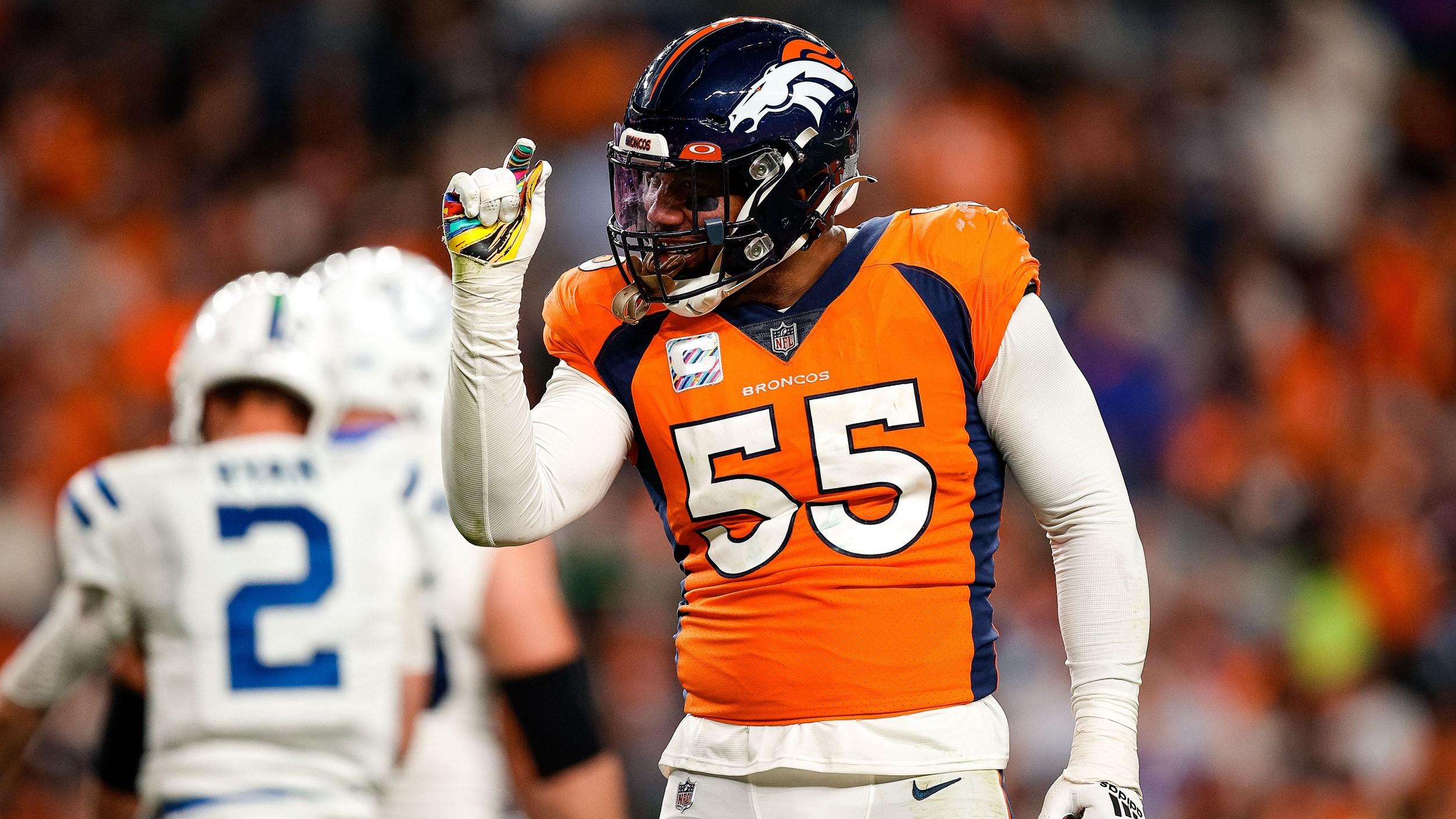 Oct 6, 2022; Denver, Colorado, USA; Denver Broncos linebacker Bradley Chubb (55) gestures after a play in the second quarter against the Indianapolis Colts at Empower Field at Mile High.