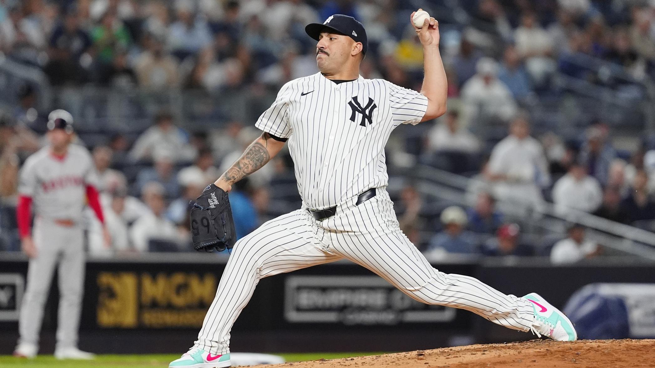 Sep 12, 2024; Bronx, New York, USA; New York Yankees pitcher Nestor Cortes (65) delivers a pitch against the Boston Red Sox during the second inning at Yankee Stadium.