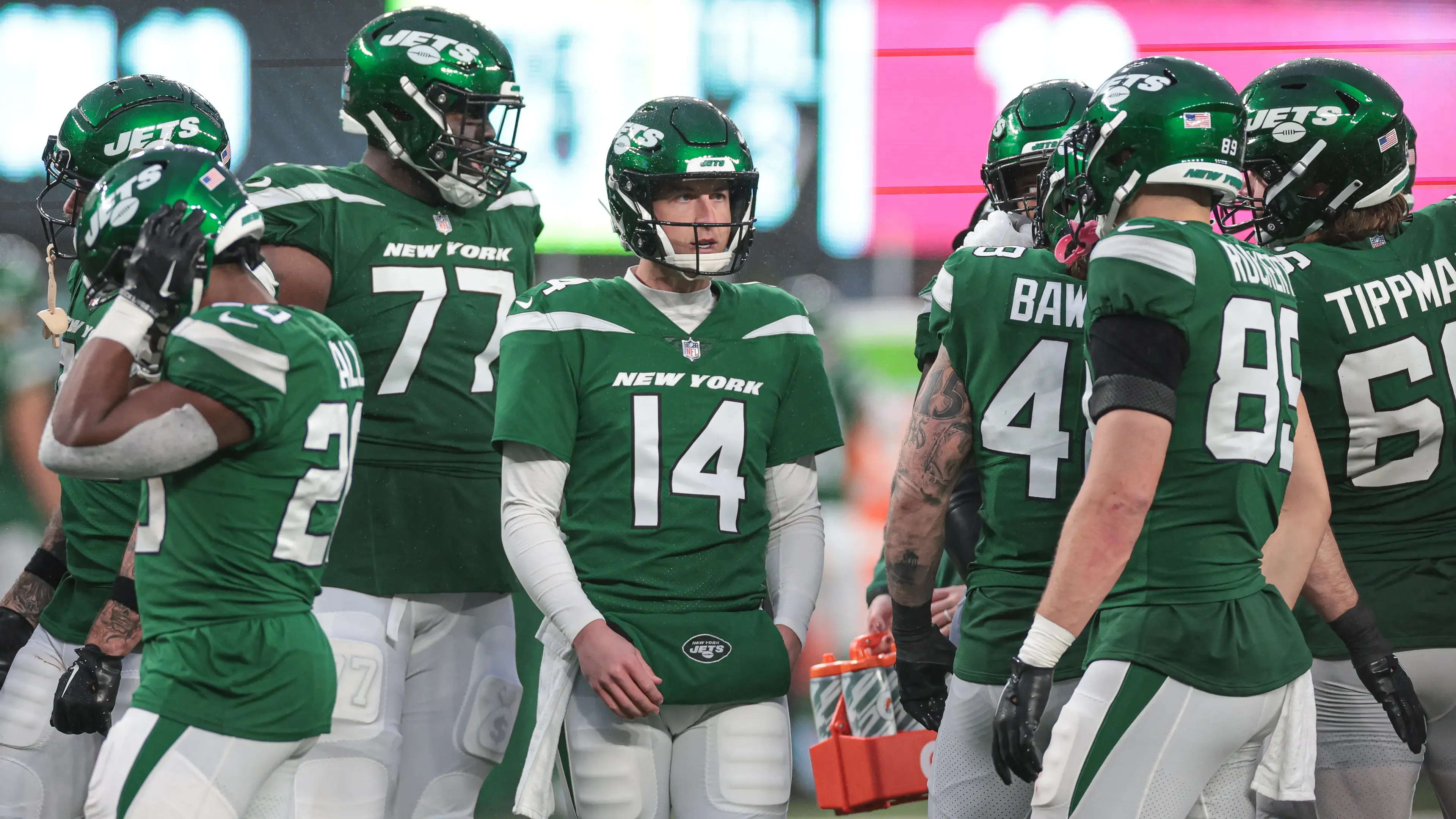 Dec 3, 2023; East Rutherford, New Jersey, USA; New York Jets quarterback Trevor Siemian (14) enters the game during the fourth quarter against the Atlanta Falcons at MetLife Stadium. Mandatory Credit: Vincent Carchietta-USA TODAY Sports / © Vincent Carchietta-USA TODAY Sports