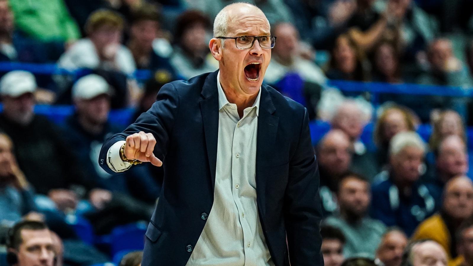 Connecticut Huskies head coach Dan Hurley reacts from the sideline as they take on the Georgetown Hoyas at XL Center.