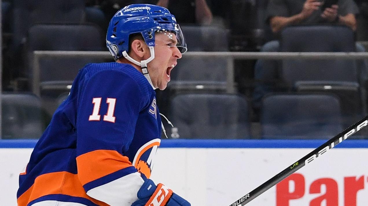 New York Islanders left wing Zach Parise (11) celebrates his goal against the Toronto Maple Leafs during the second period at UBS Arena