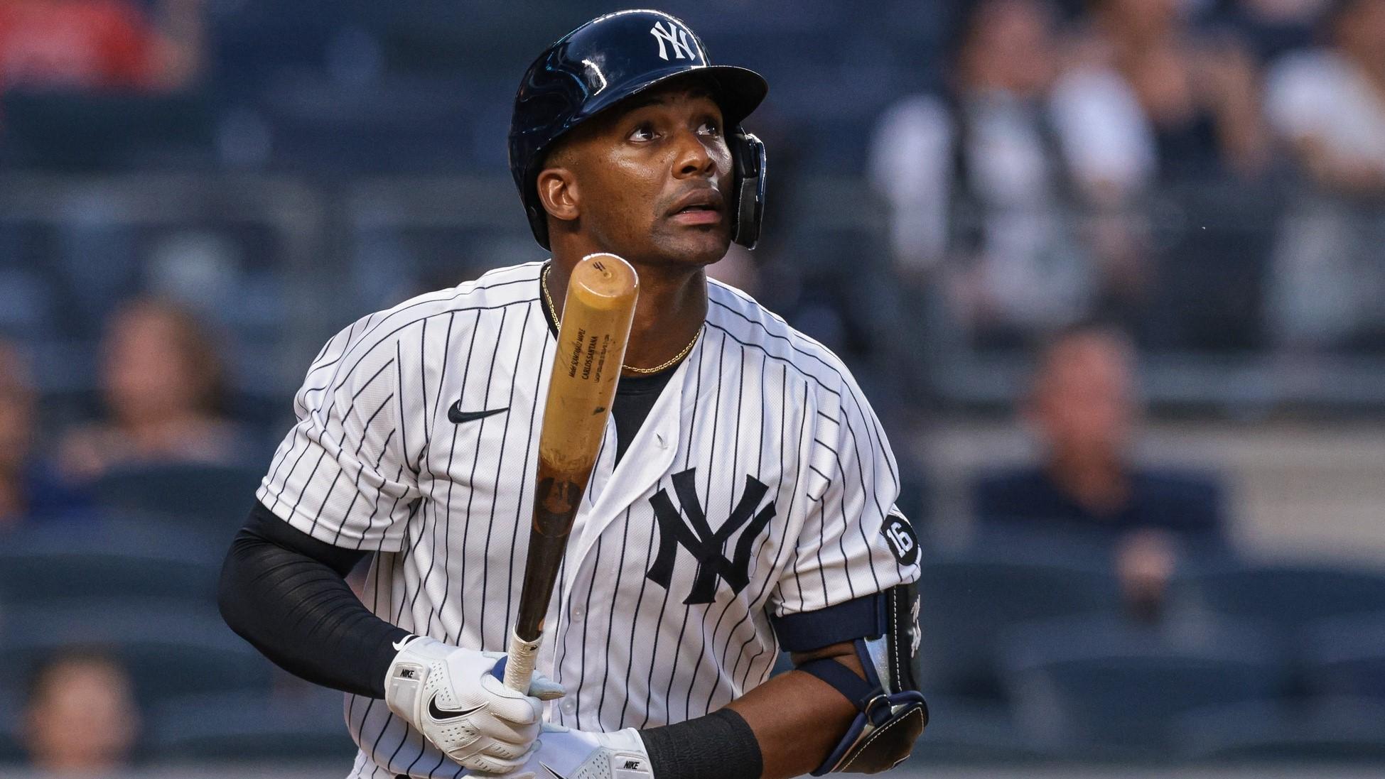 Jun 29, 2021; Bronx, New York, USA; New York Yankees third baseman Miguel Andujar (41) watches his home run during the fourth inning against the Los Angeles Angels at Yankee Stadium.