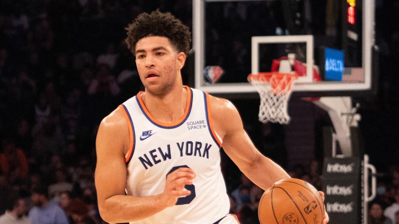 Dec 12, 2021; New York, New York, USA; New York Knicks shooting guard Quentin Grimes (6) dribbles the ball during the first half against the Milwaukee Bucks at Madison Square Garden.