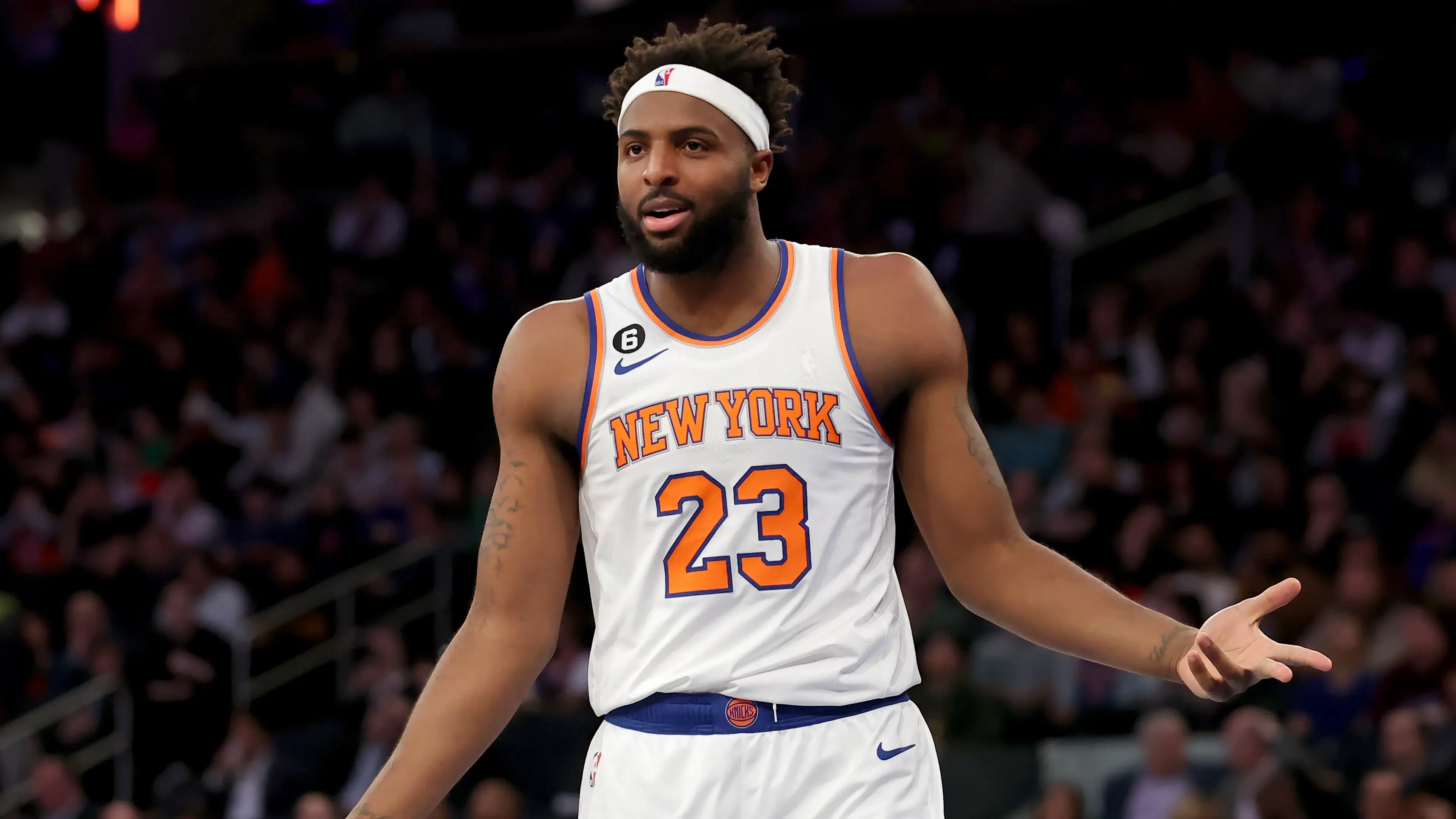 Jan 4, 2023; New York, New York, USA; New York Knicks center Mitchell Robinson (23) reacts after being called for a foul during the second quarter against the San Antonio Spurs at Madison Square Garden. Mandatory Credit: Brad Penner-USA TODAY Sports / © Brad Penner-USA TODAY Sports