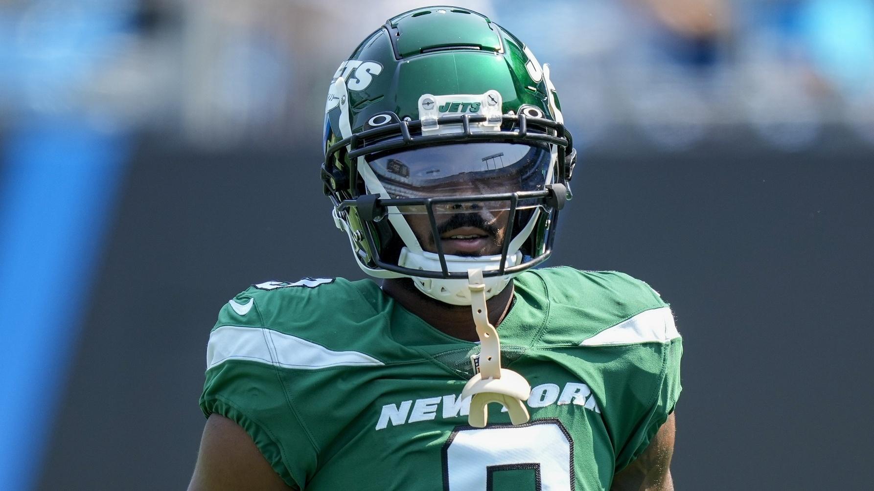 Sep 12, 2021; Charlotte, North Carolina, USA; New York Jets wide receiver Elijah Moore (8) during pre game warm ups Carolina Panthers at Bank of America Stadium.