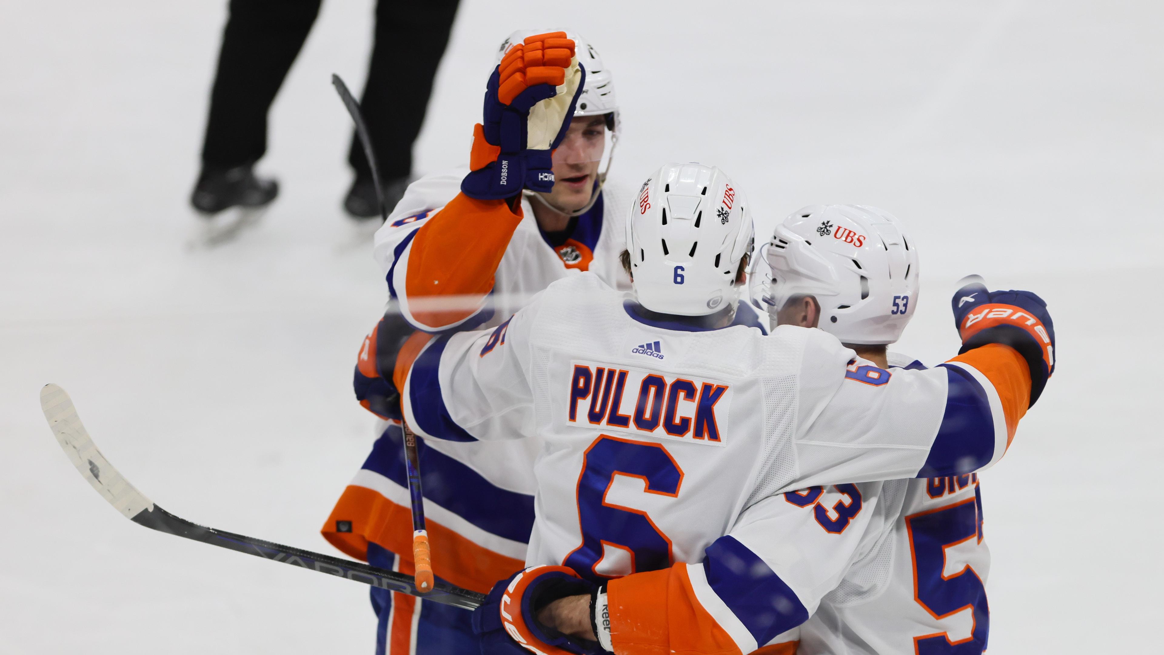 Mar 28, 2024; Sunrise, Florida, USA; New York Islanders defenseman Ryan Pulock (6) celebrates with teammates after scoring against the Florida Panthers during the first period at Amerant Bank Arena. Mandatory Credit: Sam Navarro-USA TODAY Sports