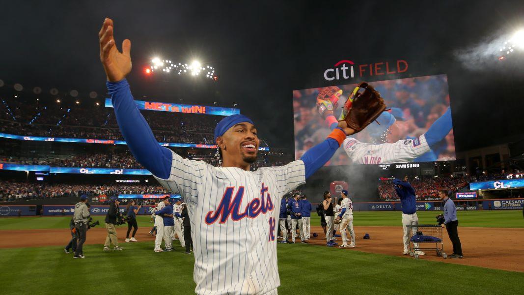 Oct 9, 2024; New York City, New York, USA; New York Mets shortstop Francisco Lindor (12) celebrates after defeating the Philadelphia Phillies in game four of the NLDS and winning the series 3 games to 1 during the 2024 MLB Playoffs at Citi Field.