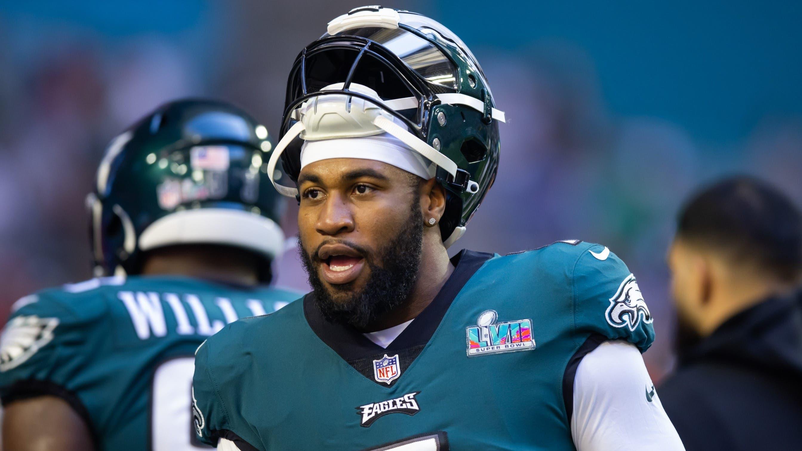 Feb 12, 2023; Glendale, Arizona, US; Philadelphia Eagles linebacker Haason Reddick (7) against the Kansas City Chiefs during Super Bowl LVII at State Farm Stadium.