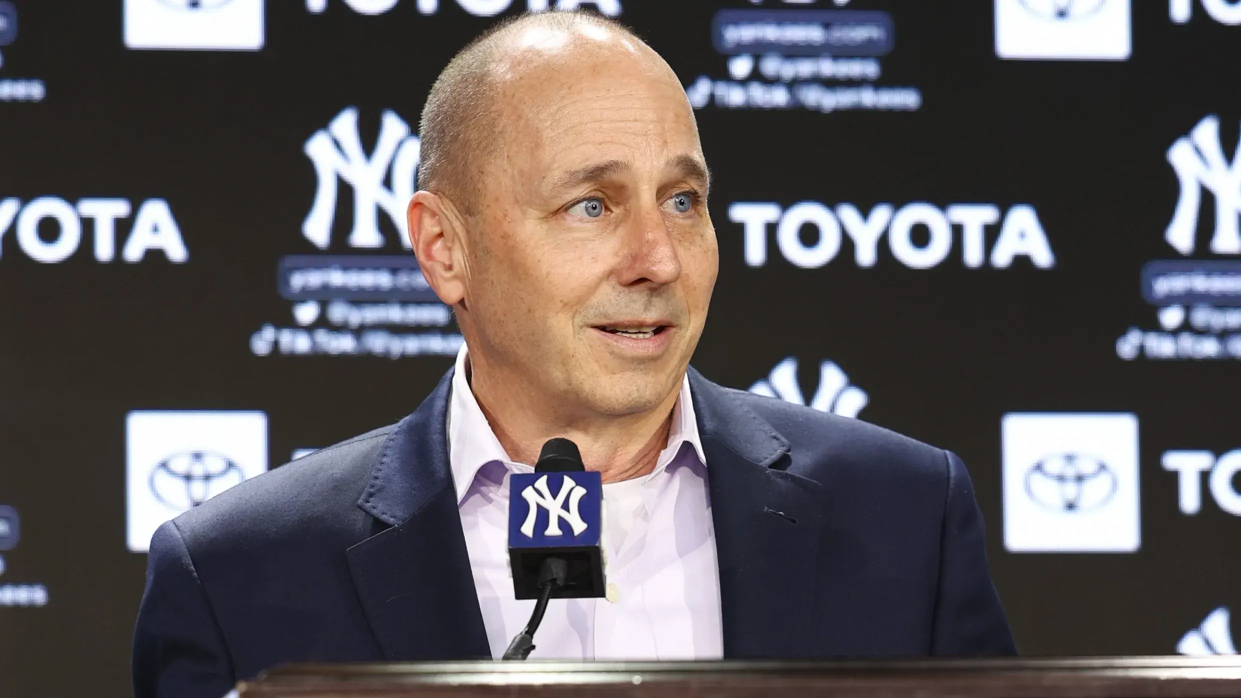 Dec 21, 2022; Bronx, New York, USA; Brian Cashman speaks during a press conference at Yankee Stadium. Mandatory Credit: Jessica Alcheh-USA TODAY Sports / © Jessica Alcheh-USA TODAY Sports