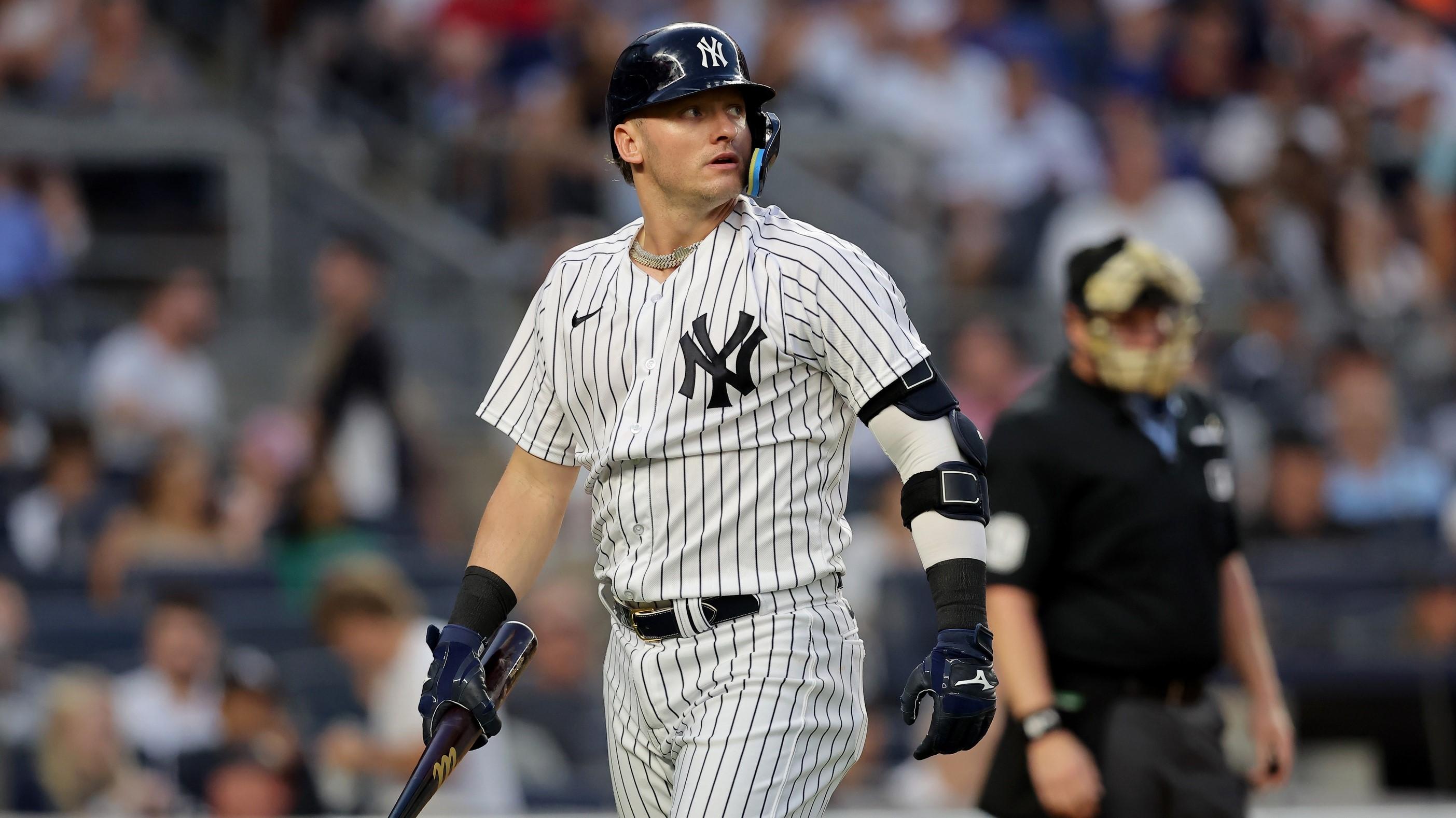 Jul 7, 2023; Bronx, New York, USA; New York Yankees third baseman Josh Donaldson (28) react after striking out during the fifth inning against the Chicago Cubs at Yankee Stadium.