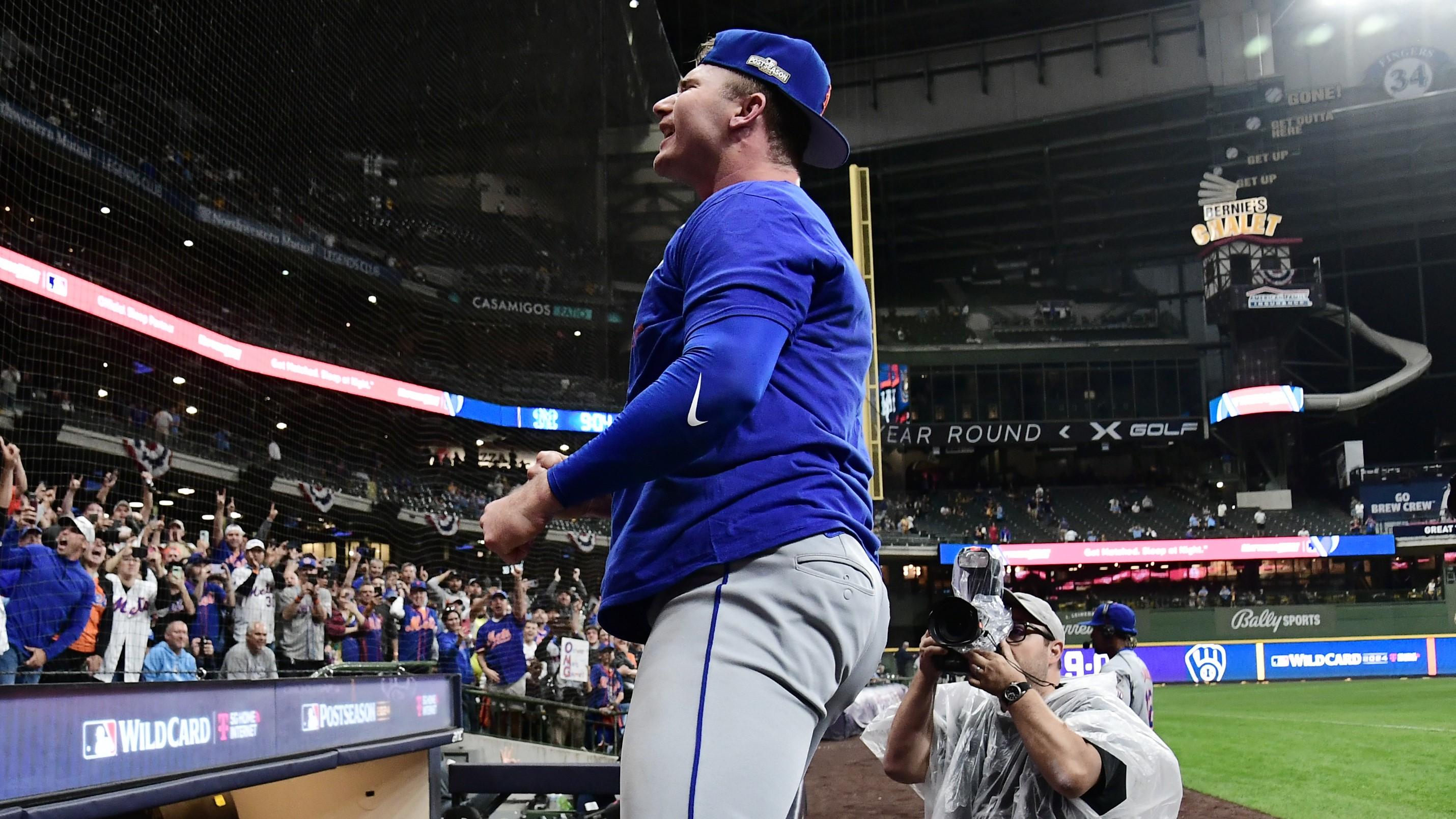 Oct 3, 2024; Milwaukee, Wisconsin, USA; New York Mets first baseman Pete Alonso (20) celebrates after defeating the Milwaukee Brewers in game three of the Wildcard round for the 2024 MLB Playoffs at American Family Field. Mandatory Credit: Benny Sieu-Imagn Images