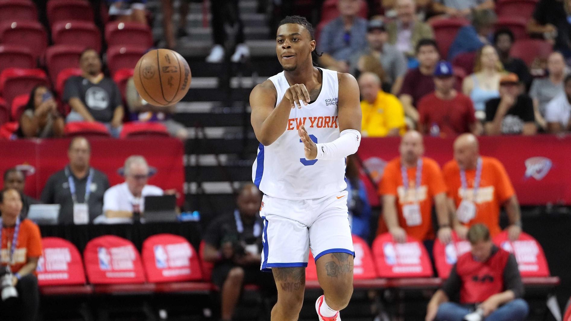 Jul 17, 2022; Las Vegas, NV, USA; New York Knicks guard Trevor Keels (3) passes the ball during the NBA Summer League Championship game against the Portland Trail Blazers at Thomas & Mack Center.