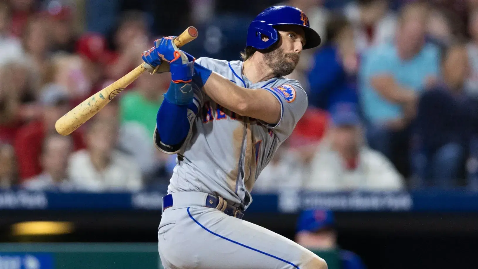 Sep 21, 2023; Philadelphia, Pennsylvania, USA; New York Mets second baseman Jeff McNeil (1) this a triple during the fourth inning against the Philadelphia Phillies at Citizens Bank Park. / Bill Streicher-USA TODAY Sports