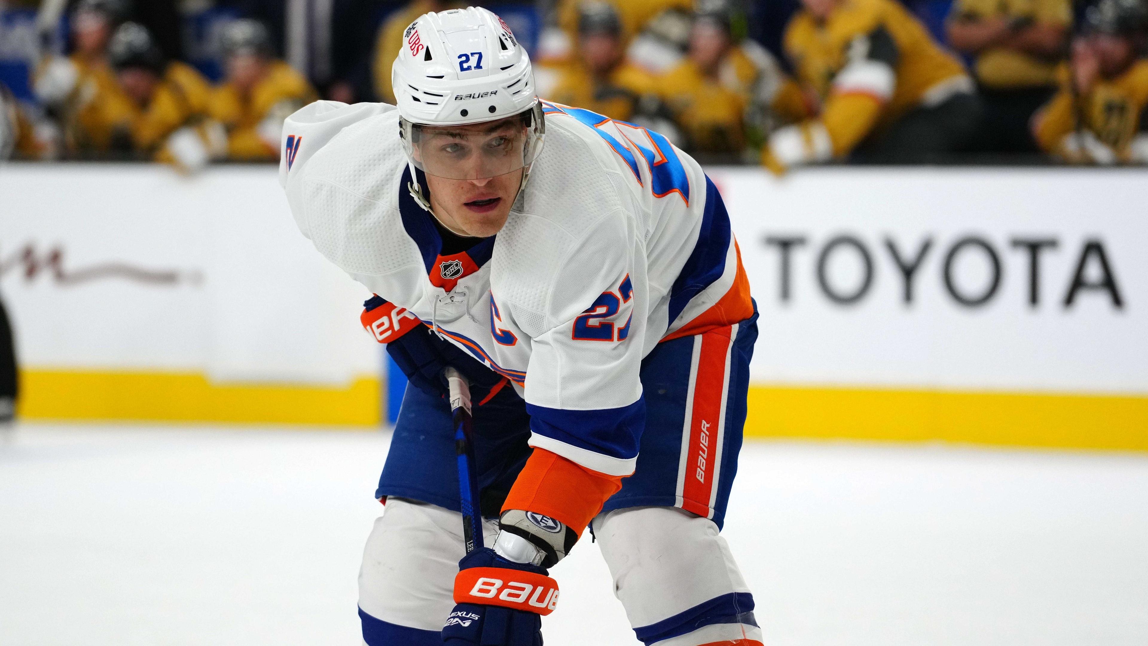 Oct 24, 2021; Las Vegas, Nevada, USA; New York Islanders center Anders Lee (27) during the game against the Vegas Golden Knights at T-Mobile Arena.