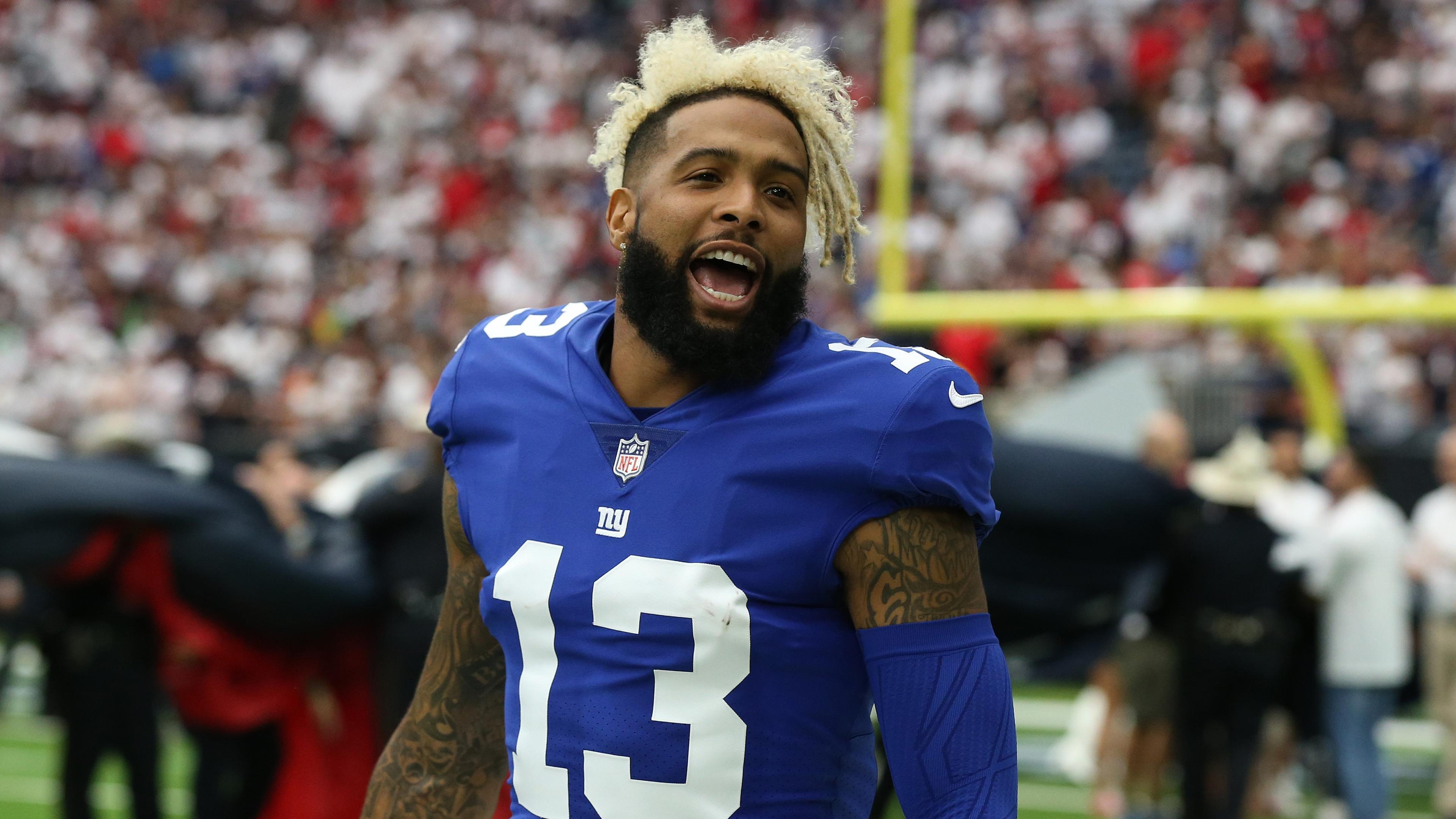 Sep 23, 2018; Houston, TX, USA; New York Giants receiver Odell Beckham Jr. (13) yells at the fans prior to the game against the Houston Texans at NRG Stadium. Mandatory Credit: Matthew Emmons-USA TODAY Sports